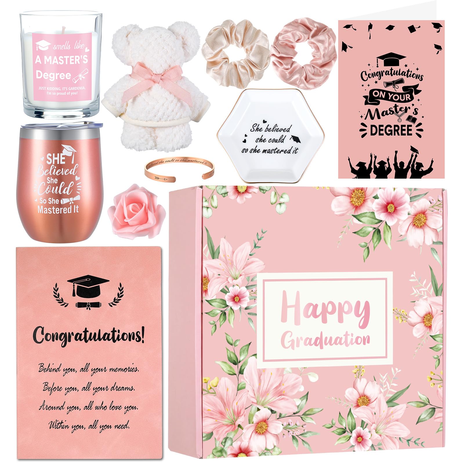 Sieral 11 Pcs Masters Graduation Gifts Set for Her Includes Notebook Tumbler Cup Candle Bracelet Ceramic Jewelry Dish Card and More Master Degree Inspirational Grad Gift for Daughter Sister Friend