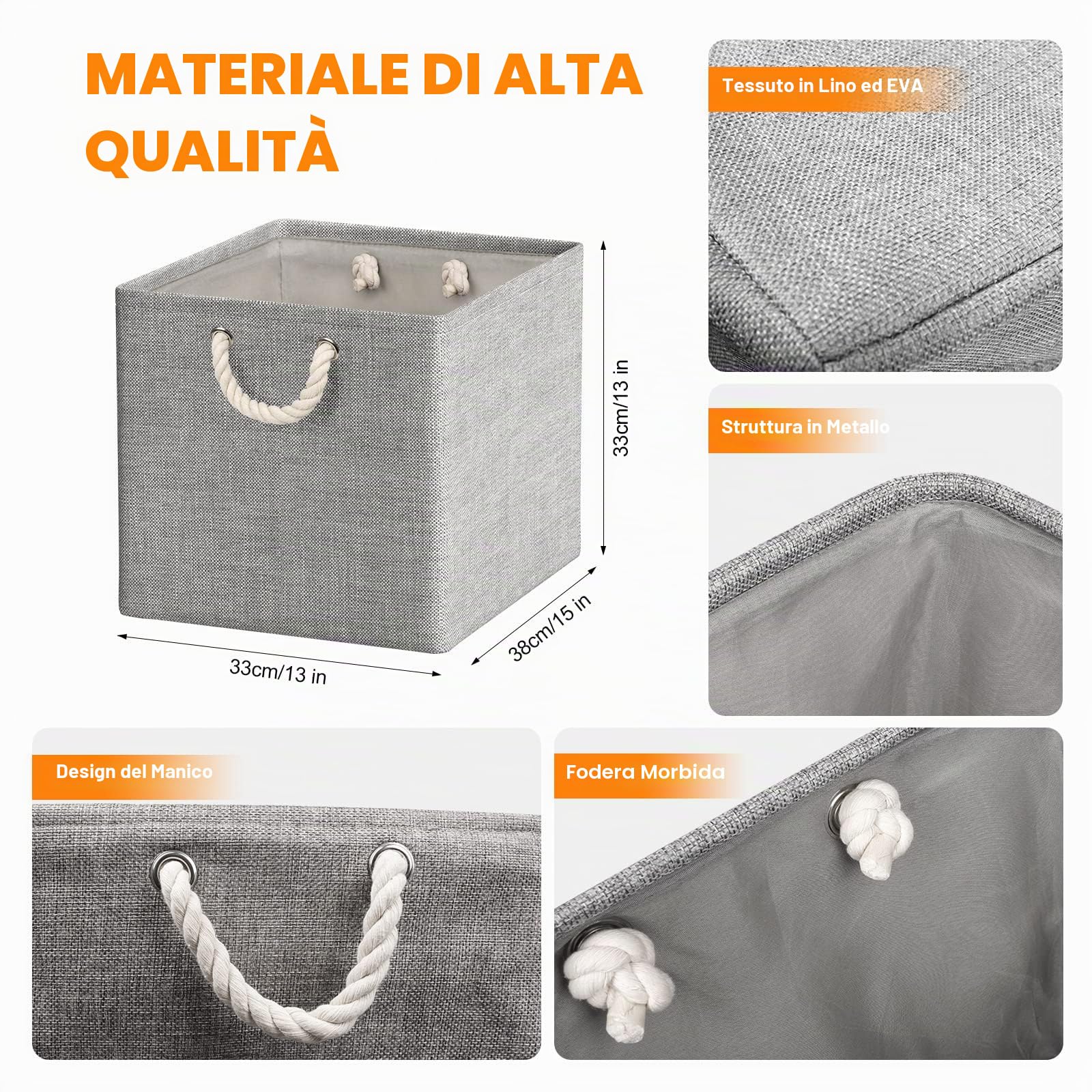 Set di 4 Scatole Portaoggetti, 33 x 38 x 33 cm, Cestini Portaoggetti in Tessuto, Cesto Portaoggetti Pieghevoli con Manici, Contenitori Portaoggetti per Giocattoli, Vestiti, Libri, Grigio
