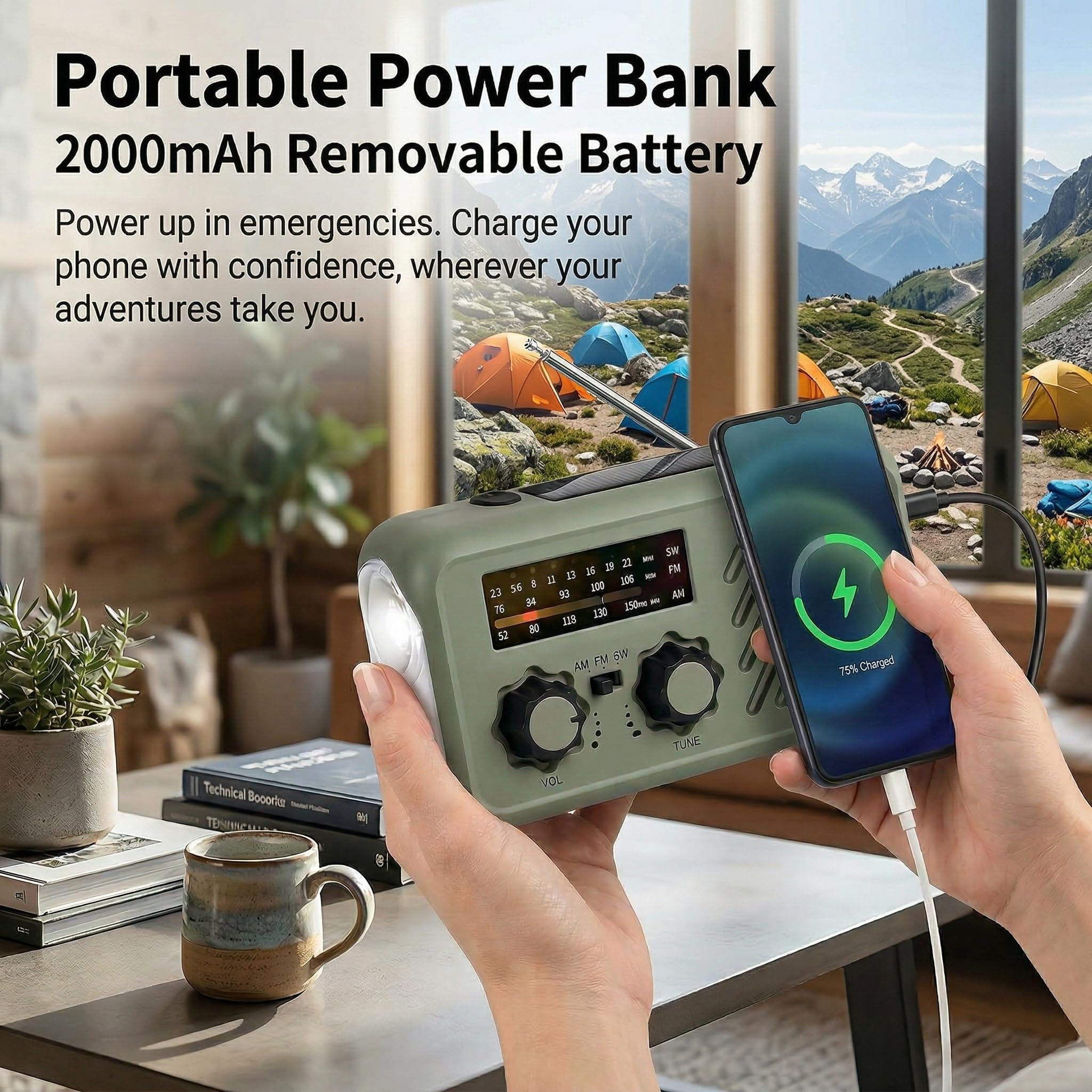 Notfall Radio Kurbelradio mit Kopfhöreranschluss, Wechselbarem Akku & 2000mAh Powerbank, Solar Radio AM/FM mit LED Licht & SOS Alarm für Stromausfall Camping Auto
