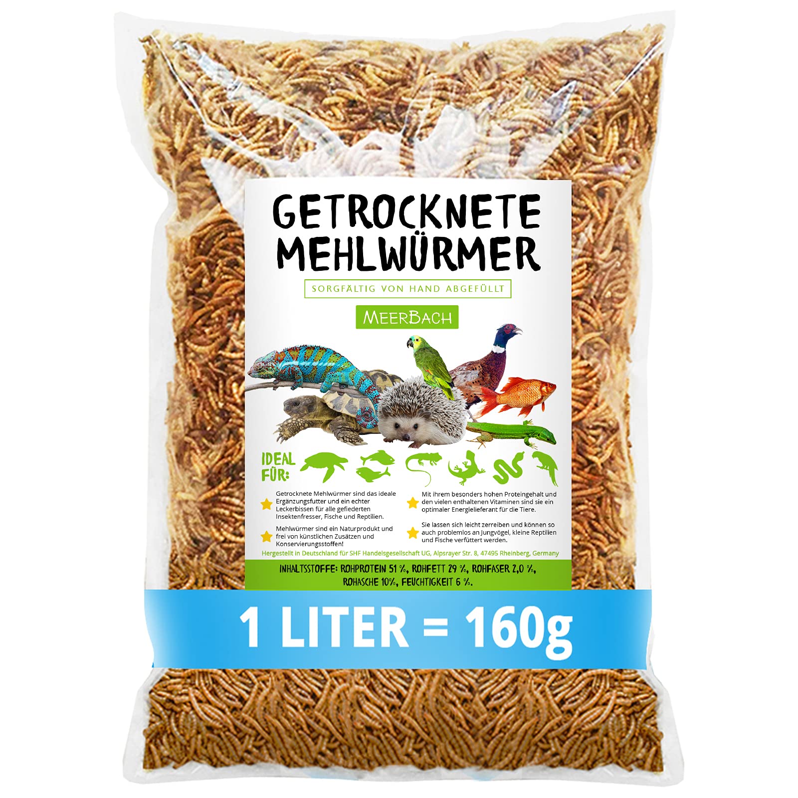 Mehlwürmer getrocknet, 1 Liter (160g) Futtermittel im Beutel, Igelfutter, der proteinreiche Snack für Wildvögel, Fische, Reptilien, Schildkröten und Igel
