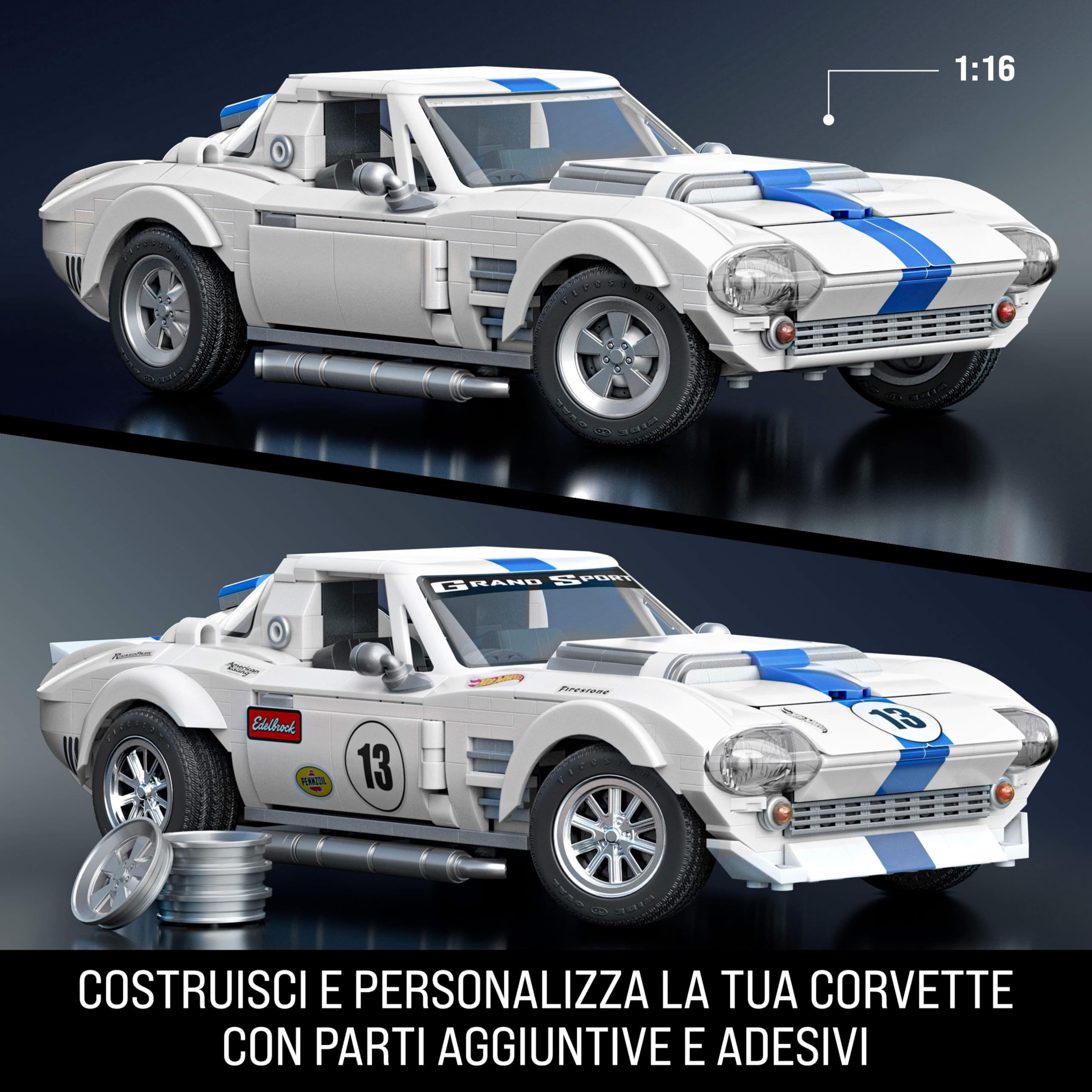 Mattel Brick Shop Hot Wheels,set da costruire, Corvette Grand Sport, 918 pezzi, dettagli realistici e adesivi per personalizzare l'auto, per collezionisti adulti e bambini dai 10 anni in su, JGR31