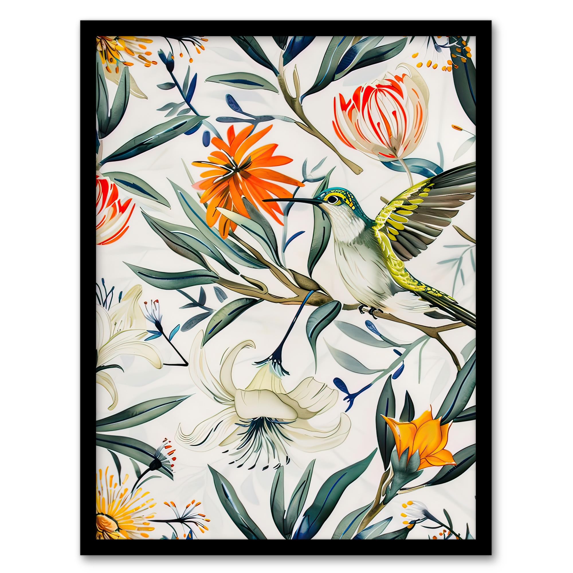 Artery8 Bright Exotic Flower Pattern with Hummingbird Living Room Artwork Framed Wall Art Print A4