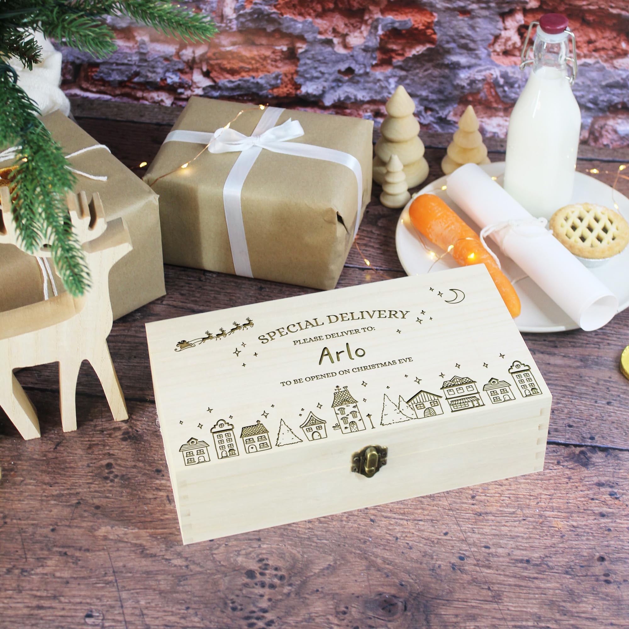 Ebuygb Personalised Luxury Wooden Christmas Eve Box, Magical Xmas Eve Gift, Special Delivery Christmas Eve Crate, Night Before Christmas Box, 27 X 15 Cm