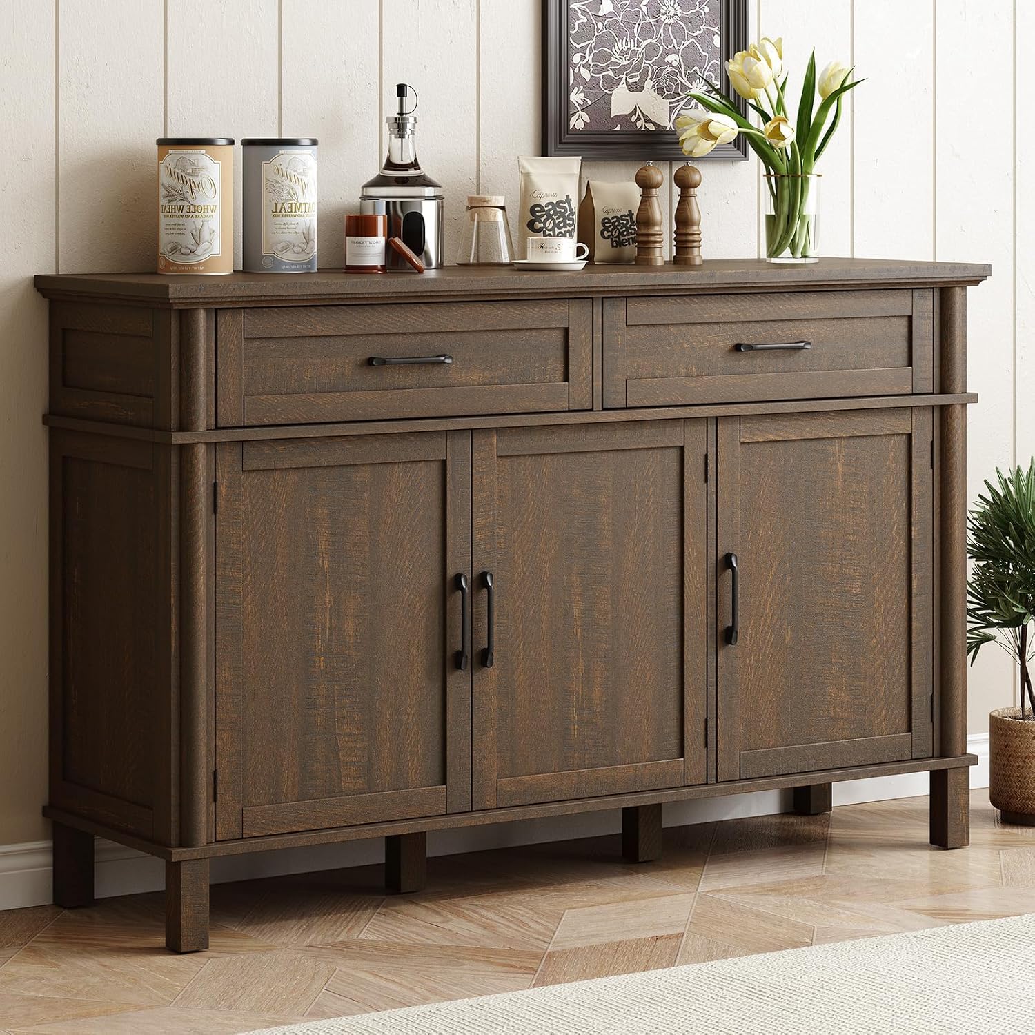 55 Inch Buffet Cabinet with Storage, Farmhouse Sideboard Buffet w/2 Drawers and 3 Doors, Wood Coffee Bar Cabinet with Adjustable Shelves, Sideboard Storage for Kitchen |-image-15