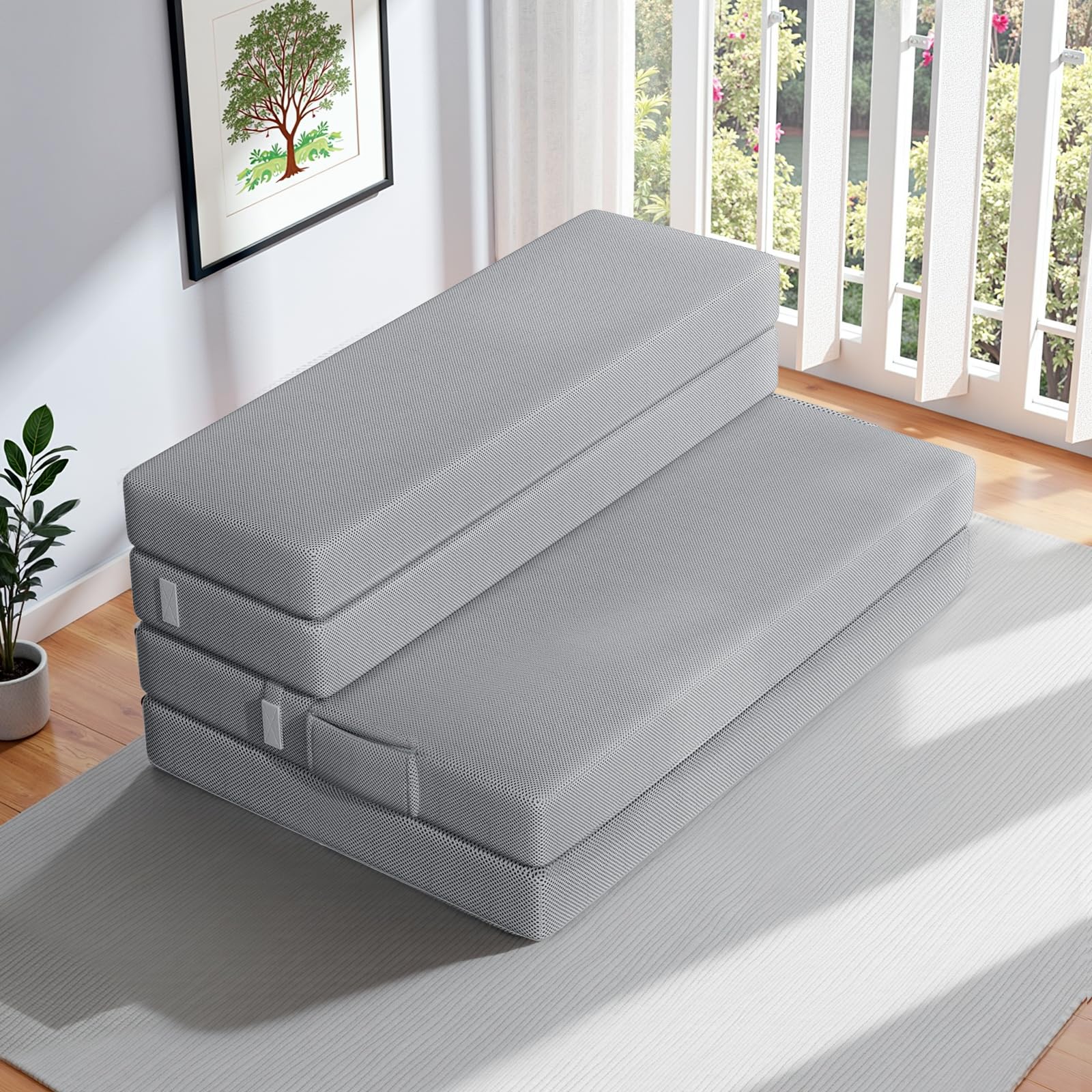 Folding Mattress Full, 4 Inch Four-fold Mattress Topper with Breathable & Washable Cover, Storage Bag Youzi Portable Sofa Bed for Guests, Camping and Road Trip, Gray, 75" x 54"x 4"
