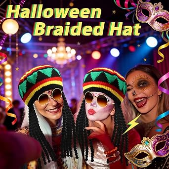 3Pcs Rasta Hat with Dreadlocks Set, Dreadlock Wig (22x95cm), Adjustable Bracelet (17cm)& Glasses, Jamaican Fancy Dress Wigs, Bob Marley Costume Accessories for Parties & Theme Events