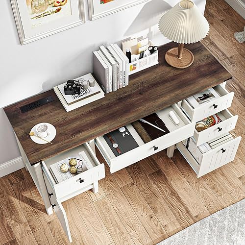 Miniatura 7 de Escritorio ejecutivo de granja con cajones, escritorio de computadora de granja de 62 pulgadas de ancho con tomas de corriente y carga USB,