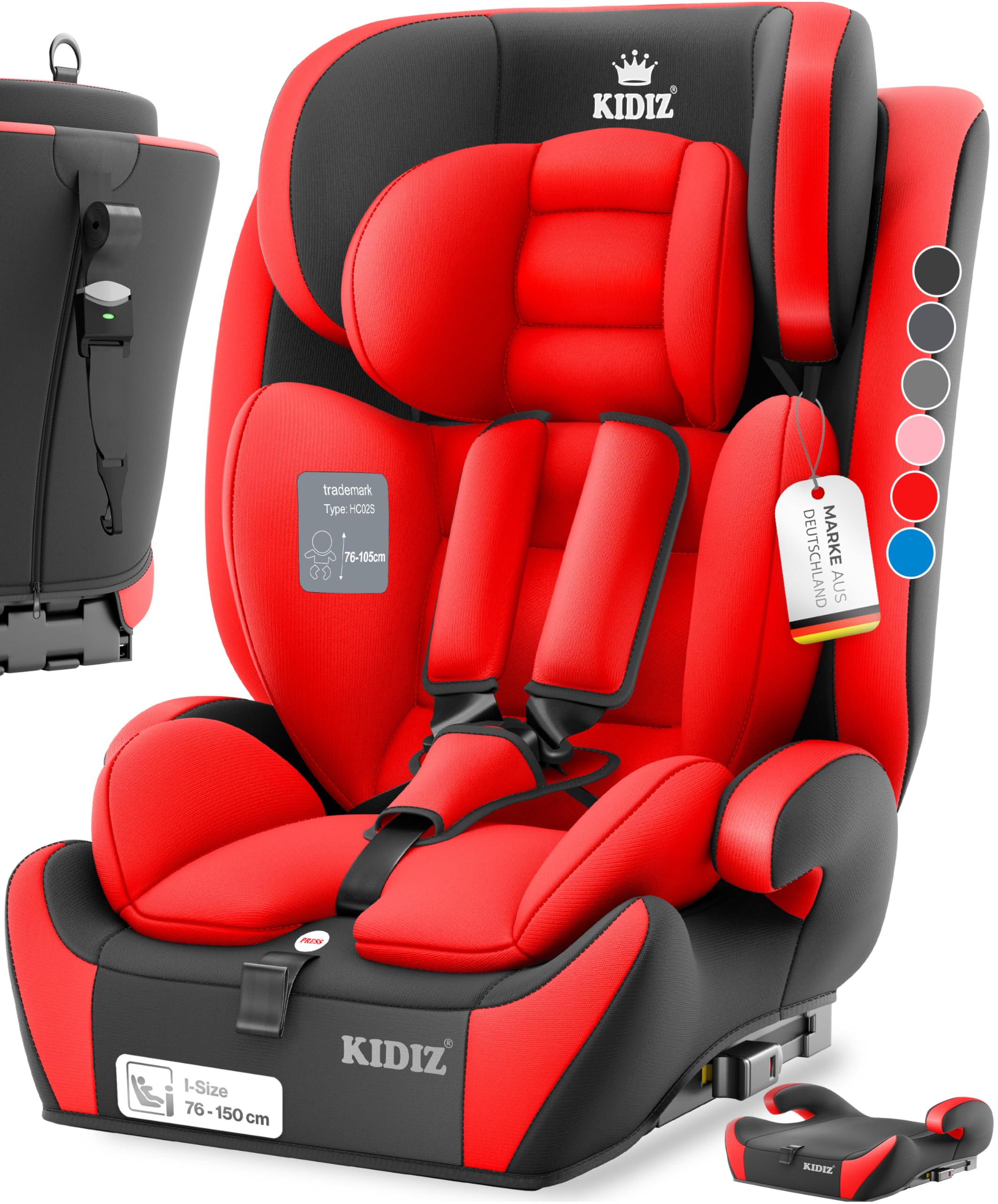 KIDIZ® Autokindersitz mit Isofix i-Size R129 100-150cm bis 12 Jahre, Kinderautositz Gruppe 1/2/3, mitwachsender Kindersitz, 5-Punkt-Gurt & höhenverstellbare Kopfstütze, Sitzerhöhung Auto, Rot