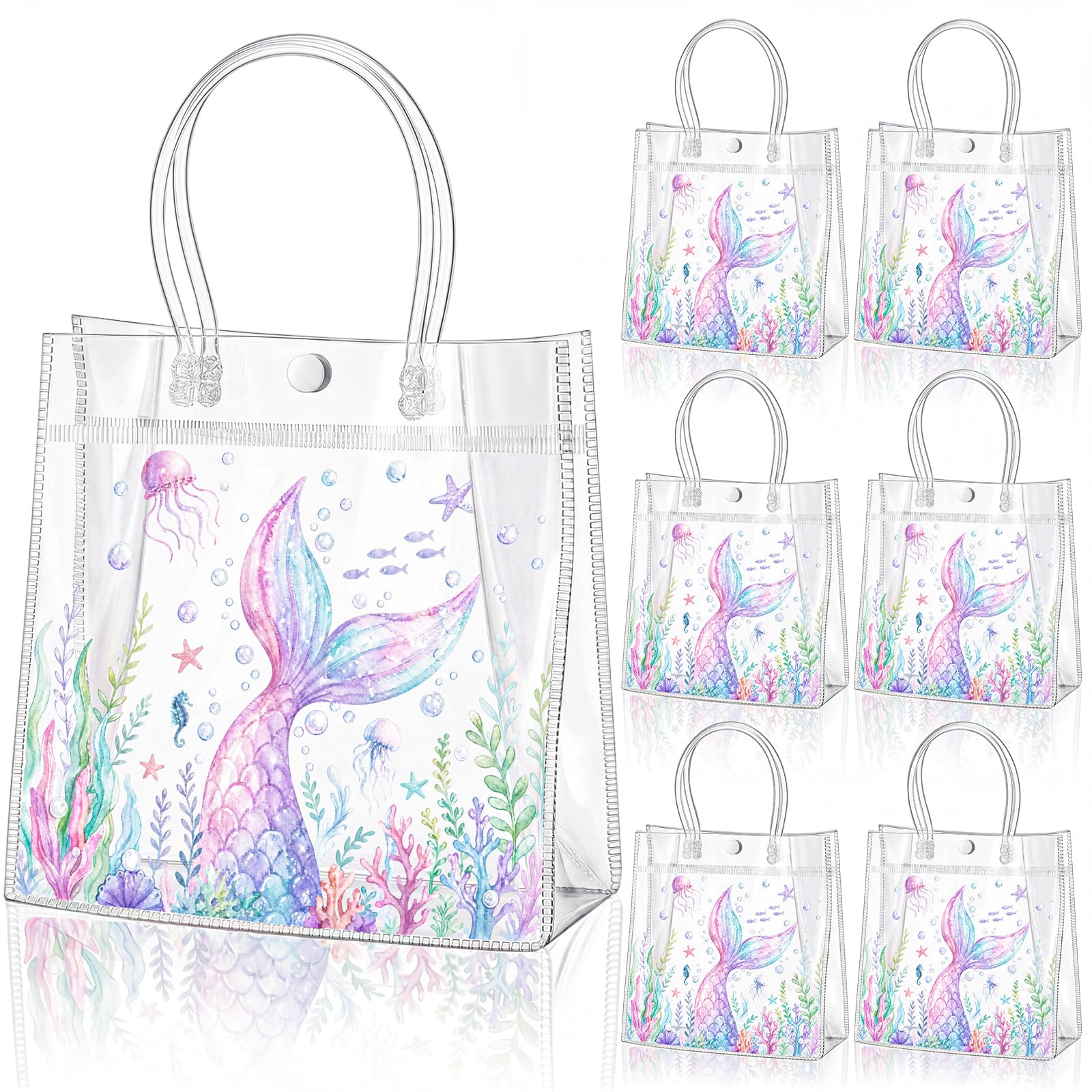 Aliceset 20 Pcs Clear Mermaid Party Favor Bags with Handles Reusable PVC Goodie Treat Bags Mermaid Party Gift for Under the Sea Birthday Baby Shower Candy Snacks, 8 x 8 x 3.15 Inch