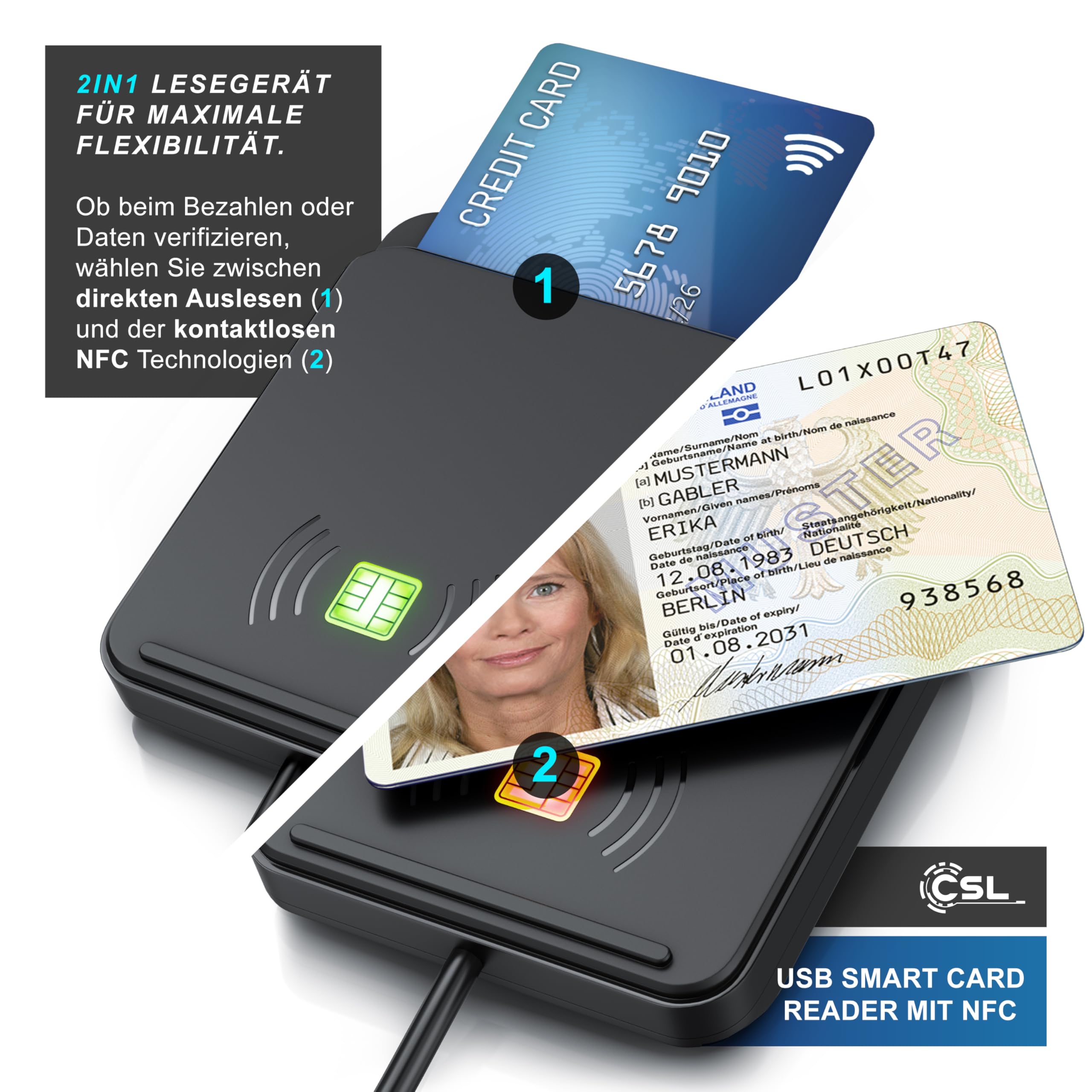 CSL - USB Chipkartenleser mit NFC - SmartCard Reader/SIM Kartenlesegerät - kompatibel mit Windows 11 - für den neuen Personalausweis Gesundheitskarte Bankkarten - EPA