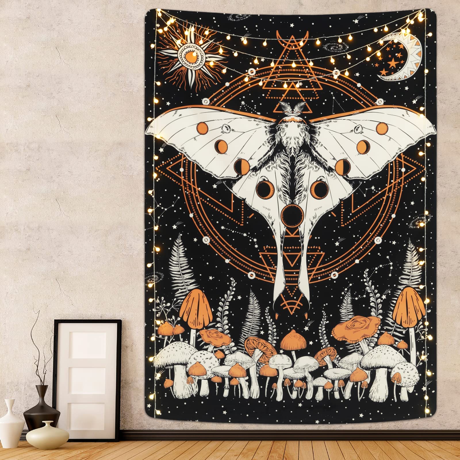 Yrendenge Psychedelischer Wandteppich Motte Wandbehang Sonne Mond Wandteppich Natürliches Horoskop Wandbehang Dekorativer Wandteppich für Schlafzimmer 150*130cm