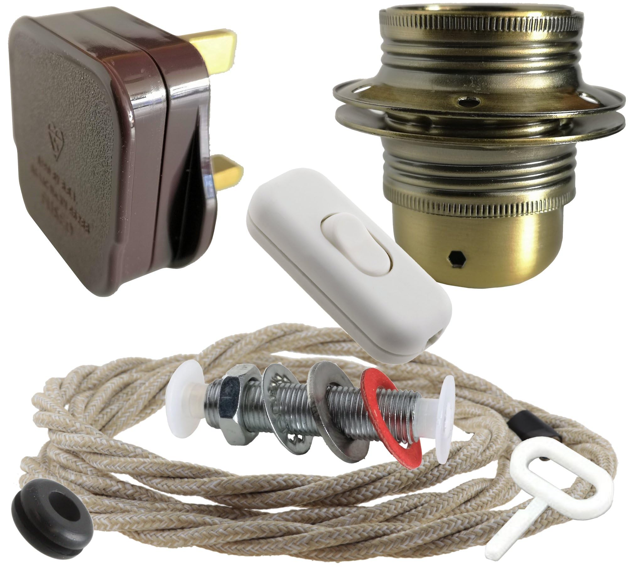 Art Deco Emporium Lamp Repair and Service Kit|Brown Plug|Linen Flex|White Switch|E27 Antique Brass Finish Lamp Holder Holder โ image 1