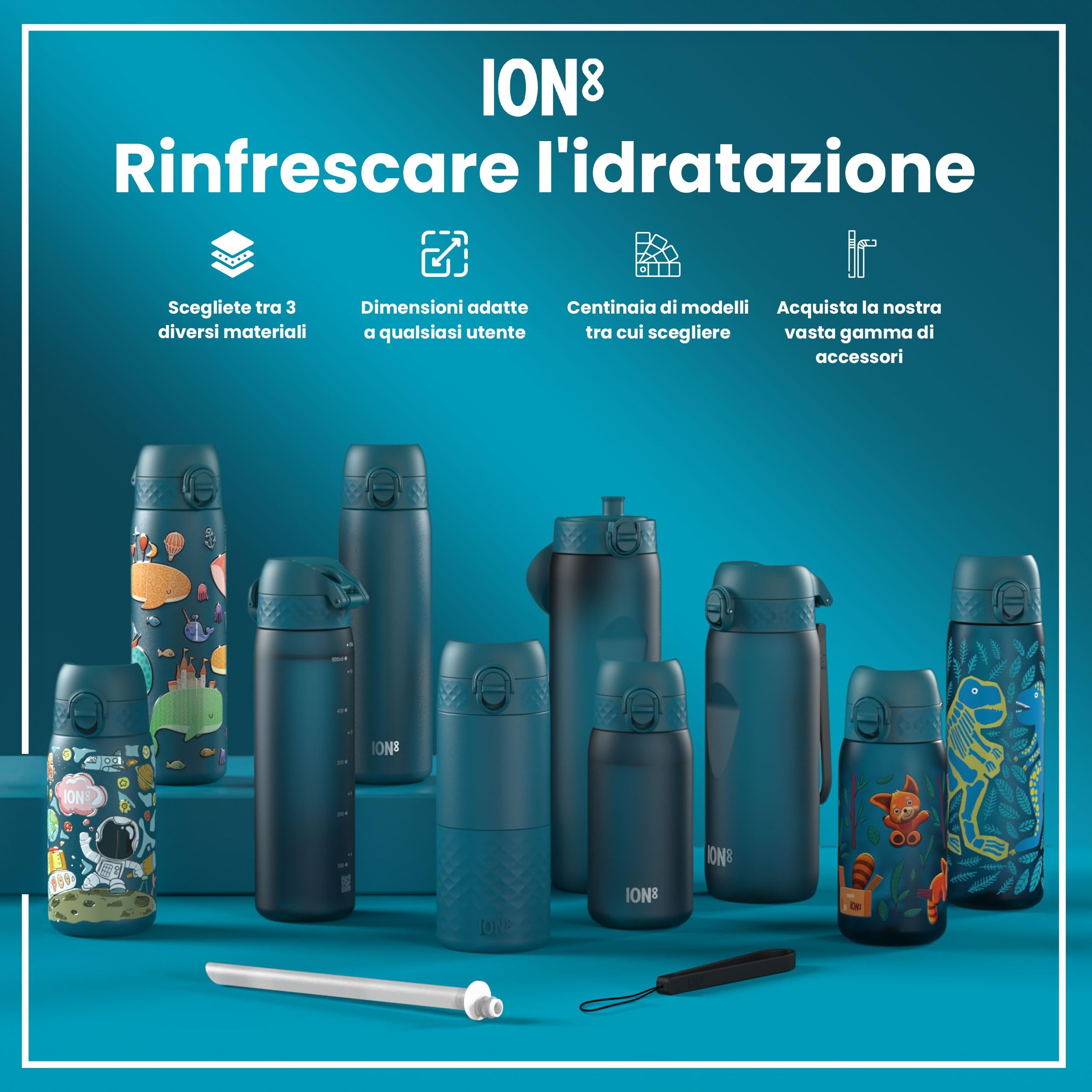 Ion8 Borraccia a Prova di Perdite, 500ml, Facile da Aprire, Serratura Sicura, Lavabile in Lavastoviglie, Senza BPA, Maniglia per il Trasporto, Adatta a Portabicchieri, Facile Pulizia, Balene