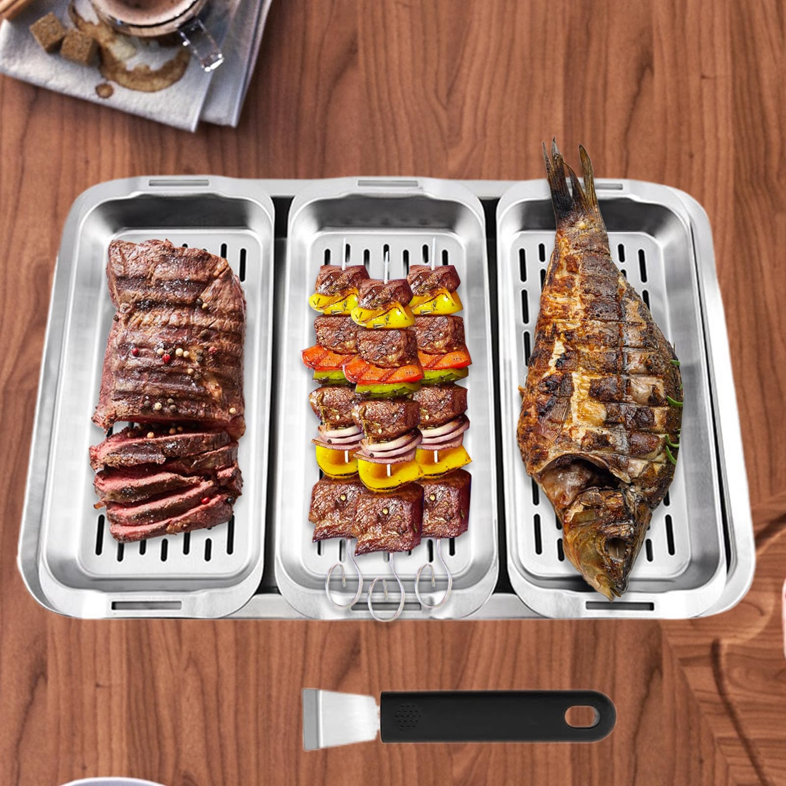 Cesta para verduras para barbacoa, bandeja para barbacoa, agarre seguro, poco profunda, placa rectangular de acero inoxidable para pescado, carne, camarones, pimienta, reuniones familiares | Bandeja Barbacoa Jaula Bbq, Carne, Pescado, Gambas, Pícnics, Reu