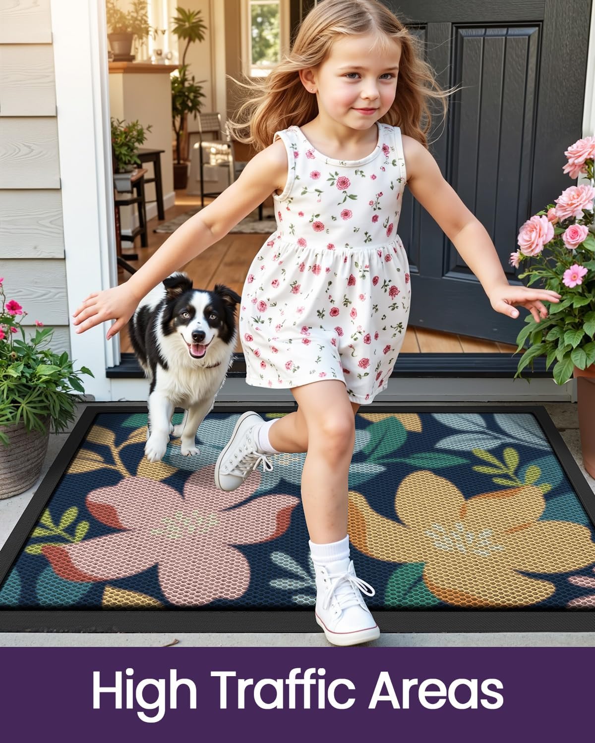 DEXI Front Door Mat Outside Entrance, Spring Welcome Entryway Doormat Dirt Trapper, Heavy Duty Non Slip Large Entry Mats for Patio Garage Porch Home Decorative, 4x6, Colorful Floral