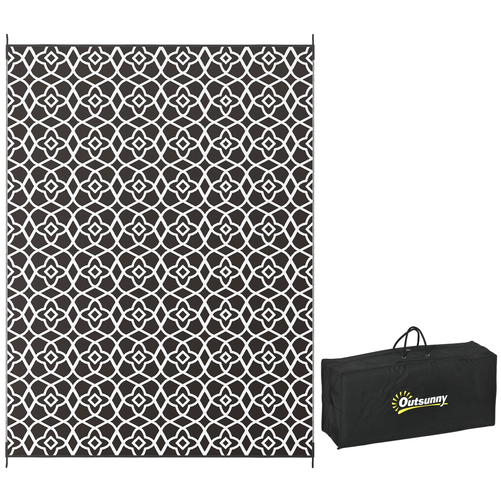 Outsunny Reversible Outdoor Rug, 9' x 12' Waterproof Plastic Straw Floor Mat, Portable RV Camping Carpet, Large Floor Mat for Backyard, Deck, Picnic, Beach, Black & White Clover