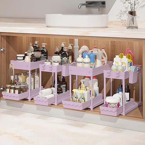 Miniatura 13 de Paquete de 4 organizadores para debajo del fregadero, organizadores de baño y almacenamiento, organizador de armario extraíble multiuso de 2 niveles