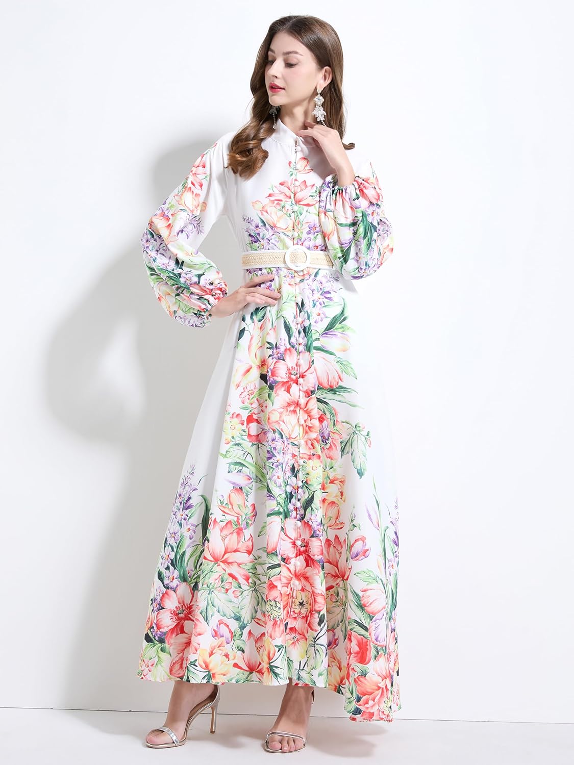 LAI MENG FIVE CATS Women's Floral Print Puff Sleeve Button Up Split Party Flowy Maxi Dress - Image 2