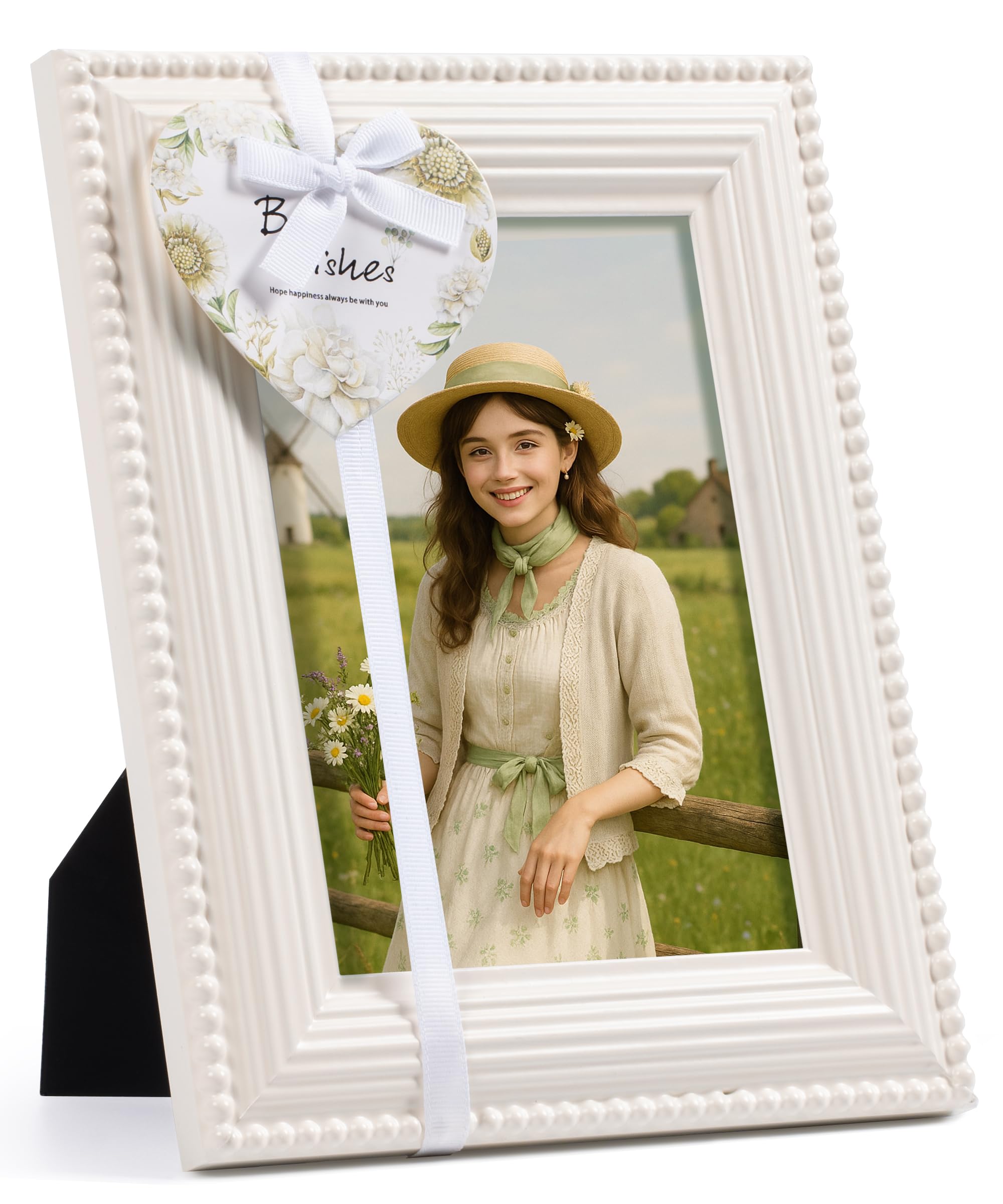 Afuly Picture Frames 5x7 7x5 Photo Frames Vintage Picture Frame White Photo Frame Cream With Beaded Trim Heart Card Rustic Victorian Decor Birthday Wedding Christmas Gifts For Women Mun Friends