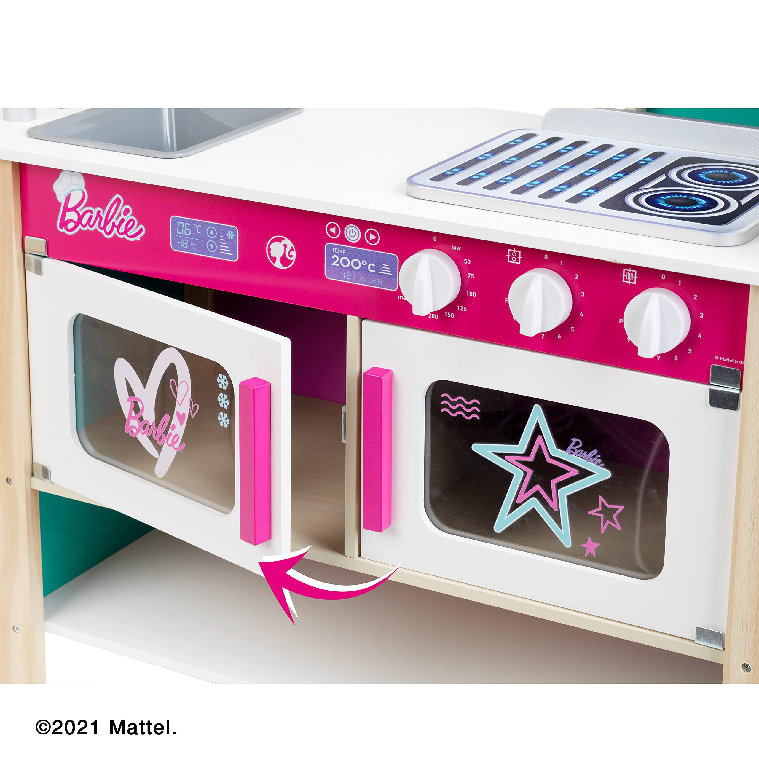 Theo Klein 7324 Ristorante Bistrò di Barbie in Legno (MDF), con Griglia, Forno e Frigorifero, Accessori da Bistrò Inclusi, Giocattolo per Bambini dai 3 Anni in su