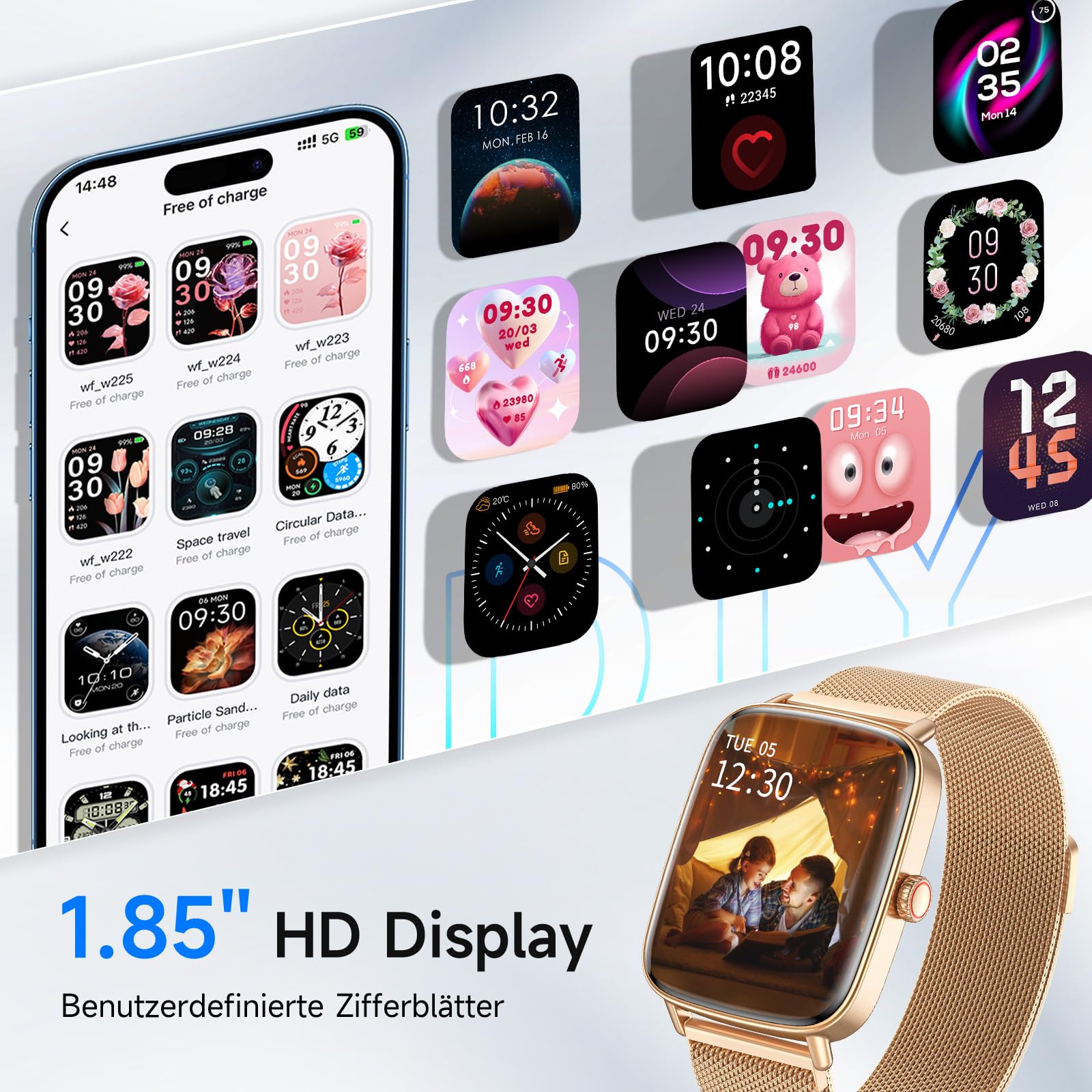 Smartwatch Damen mit Telefonfunktion 1.85" HD Herzfrequenz Schlafmonitor SpO2 Schrittzähler 110+ Sportmodi Fitnessuhr IP68 Wasserdicht Kompatibel iOS Samsung Android