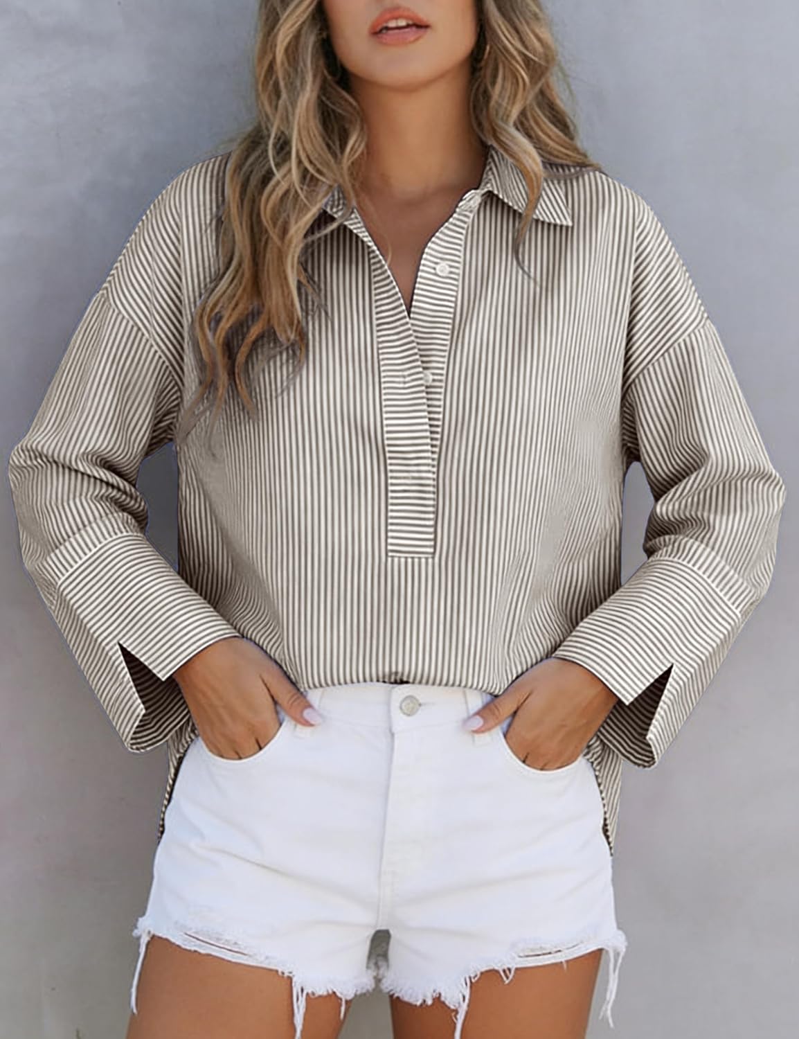 Watashi Women Button Down Shirt Casual Striped Print Dressy Henley Shirts Loose Long Sleeve Collared Office Work Blouse Tops - Image 3