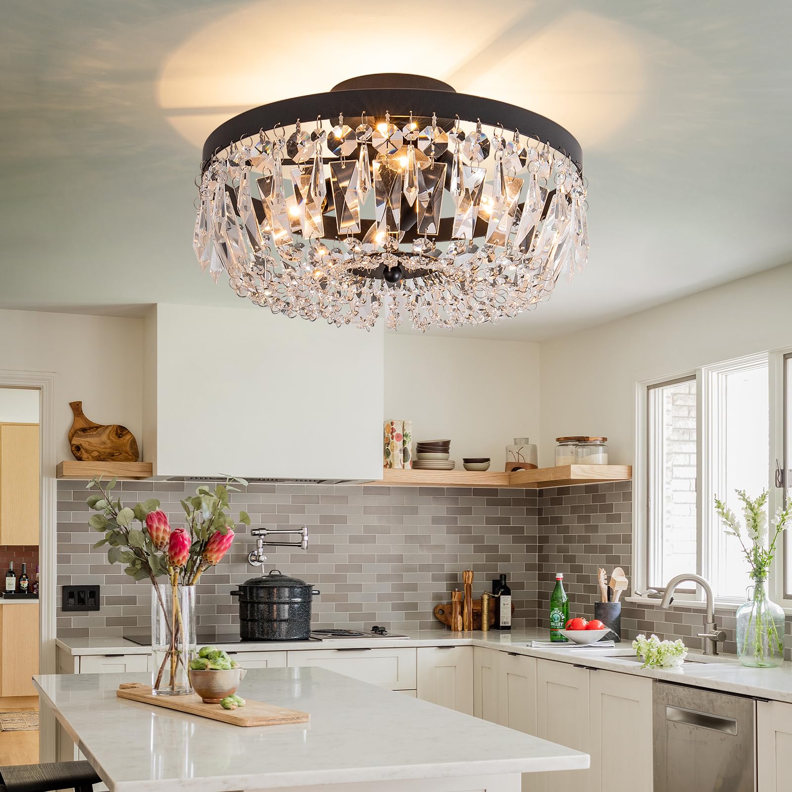 KSRYSZCQ Black Crystal Ceiling Light 4 Light Semi Flush