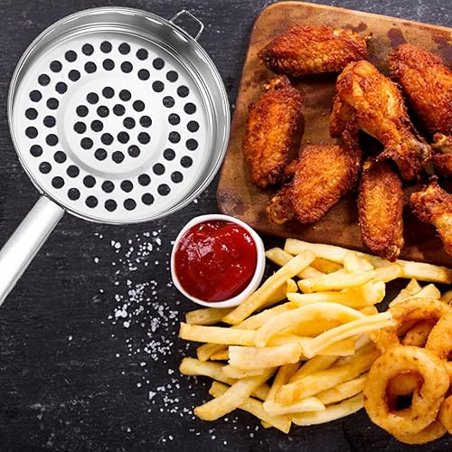 Miniatura 9 de Hemoton Colador de acero inoxidable con malla de agujero grande y mango largo colador de fondo plano para drenar pasta, lavar frutas y verduras,