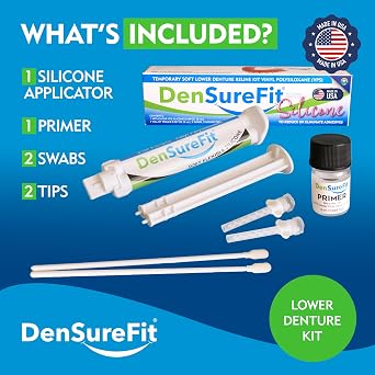DenSurefit Lower Denture Reline Kit, 3-6 Month Soft Silicone Dentures Repair Set to Refit, Improve and Tighten, Easy to Use Reline Set with Larger Primer and Applicators for Comfortable Fit