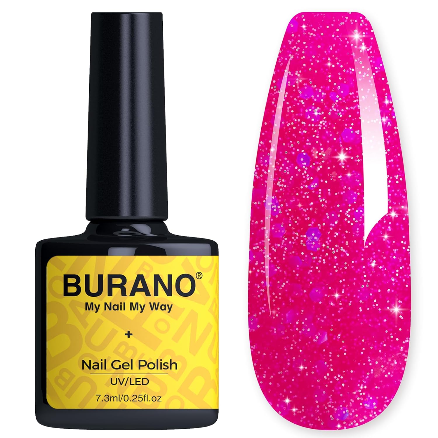 BURANO Esmalte de uñas de gel con purpurina, secado UV LED, efecto holográfico, gel brillante sin astillas, rosa intenso (LP14)