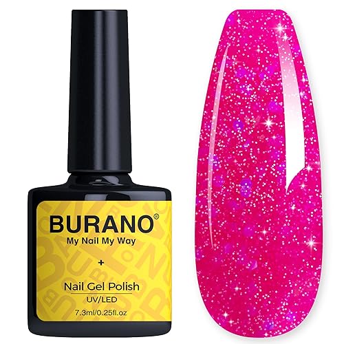 BURANO Esmalte de uñas de gel con purpurina, secado UV LED, efecto holográfico, gel brillante sin astillas, rosa intenso (LP14) disponible en Yaxa Mexico