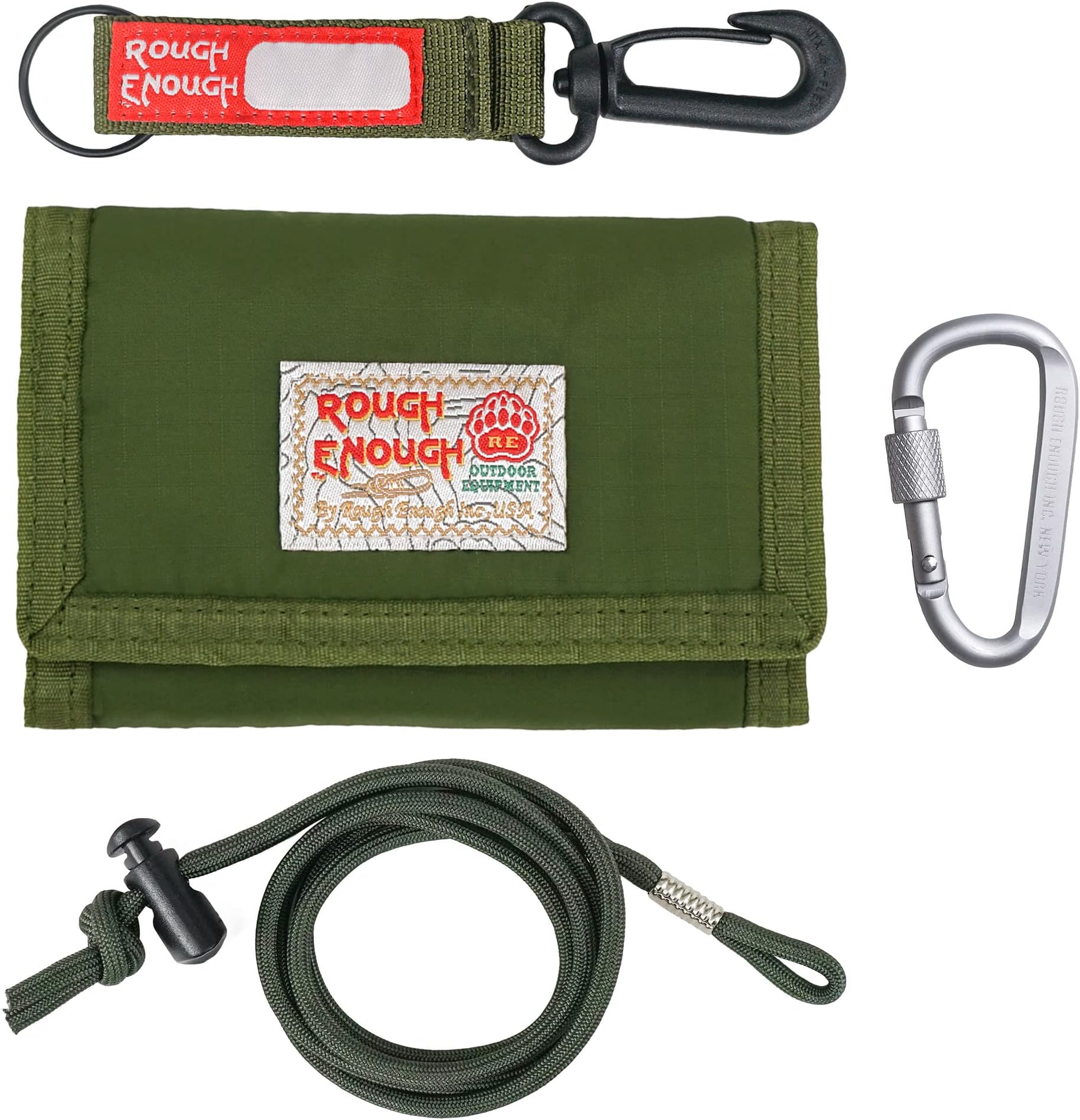Rough Enough Kids Wallet for Boys Teens with Neck Lanyard Keychain Zipper Coin Pocket Card Holder Army Green Soft Nylon