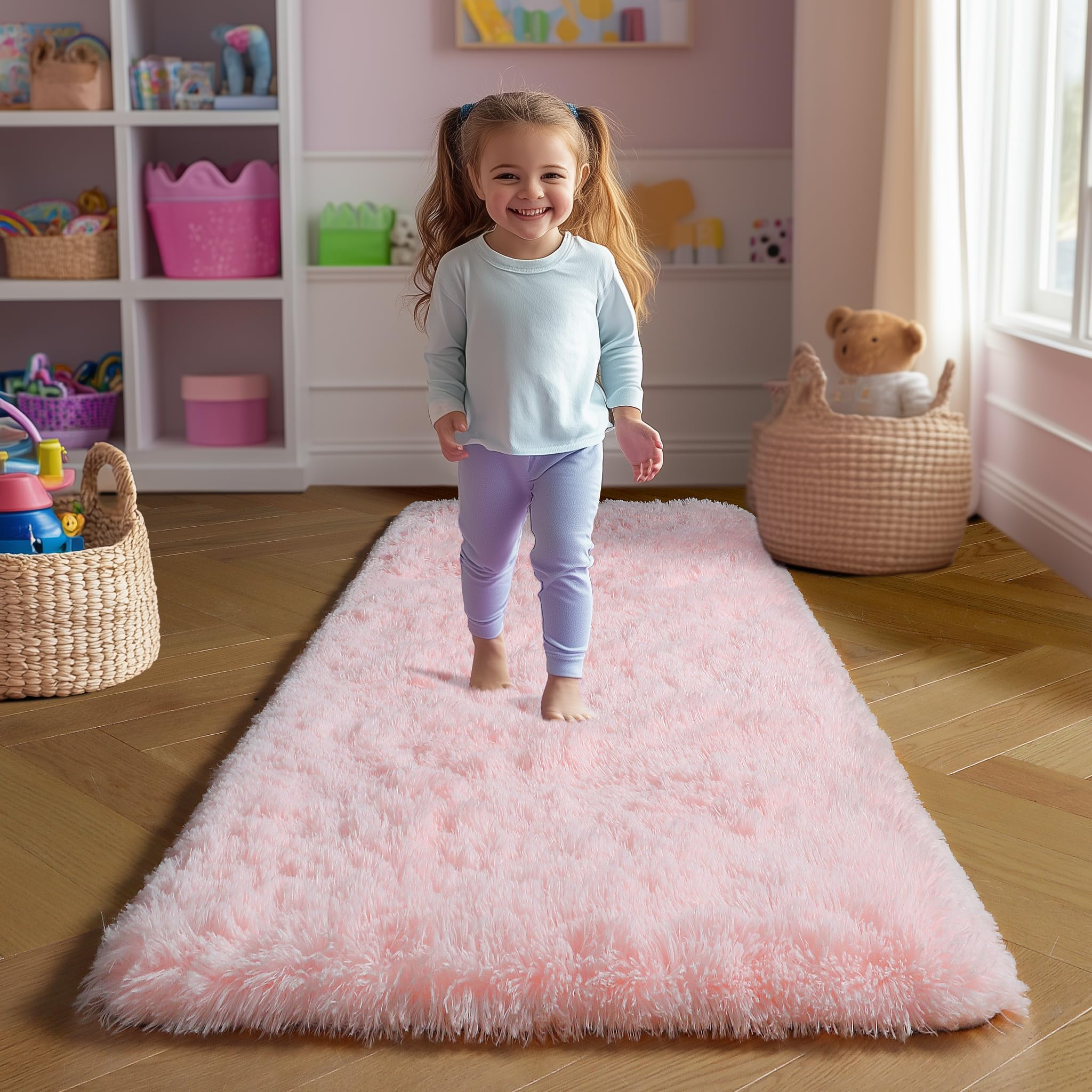 Amdrebio Pink Shag Plush Runner Area Rug 2x6 for Girls Bedroom Kids Room — image 1