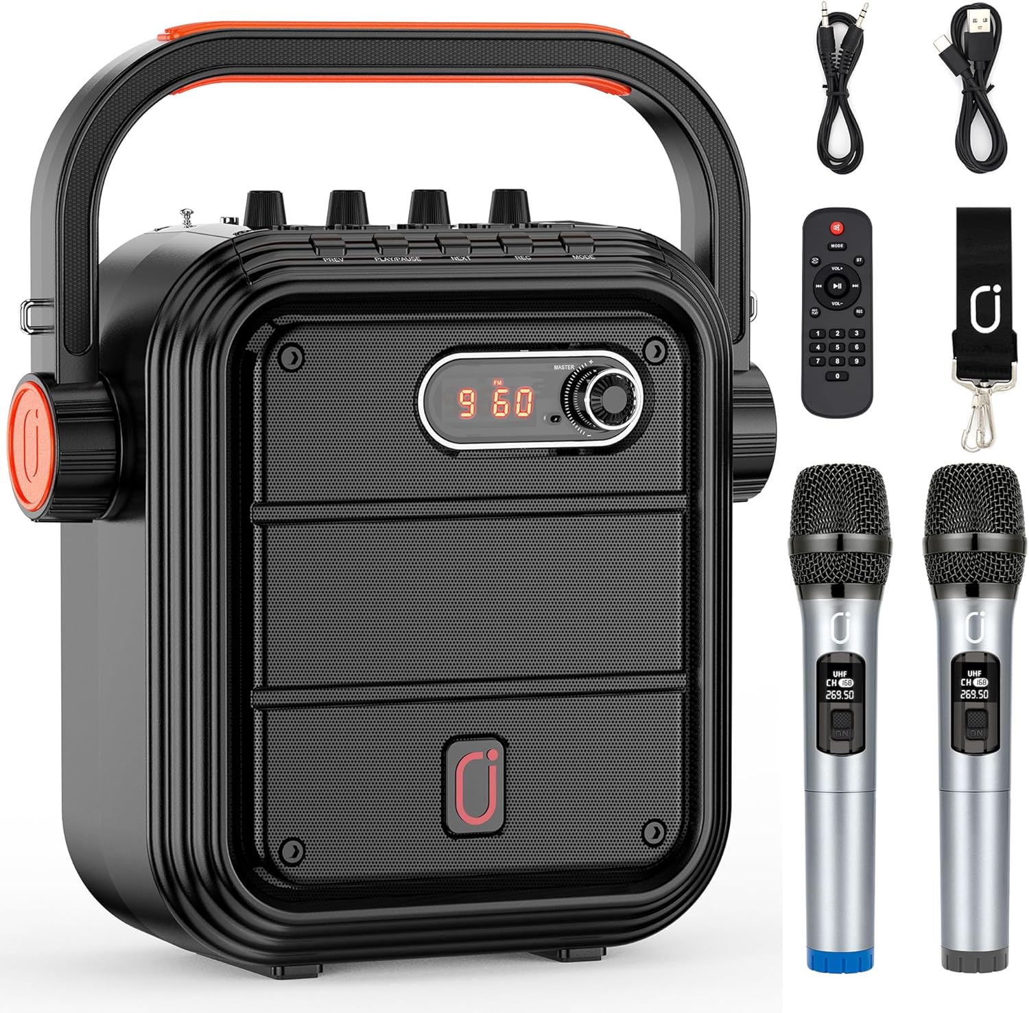 JYX Karaoke Machine with 2 Wireless Microphones, Portable Bluetooth Speaker PA System with Shoulder Strap, Subwoofer Support TWS, USB, Radio, AUX, REC, Bass&Treble for Home Party/Meeting/Adults/Kids