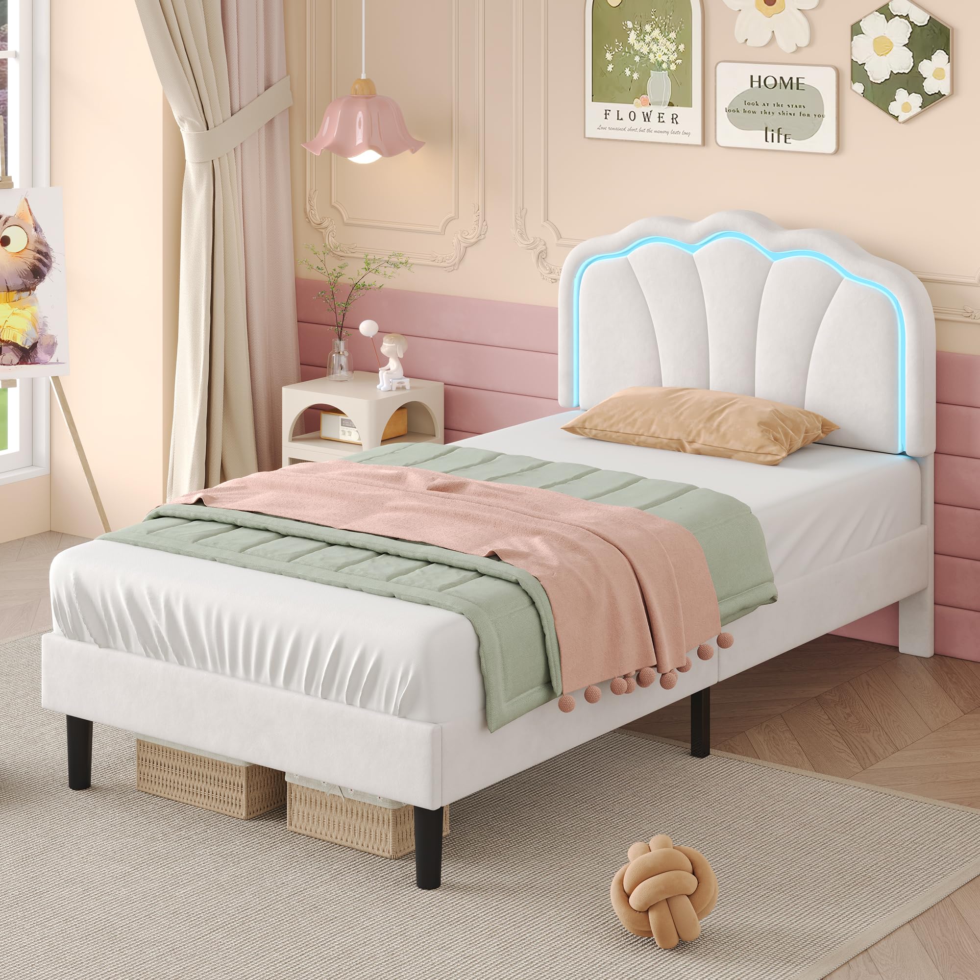 Merax 3ft Single Bed Frame, Single Upholstered Bed with LED-Lighting, Velvet Bed Frame with Adjustable Shell Shape Headboard, Solid Wood Slat, Cream White/90x190cm (No Mattress)