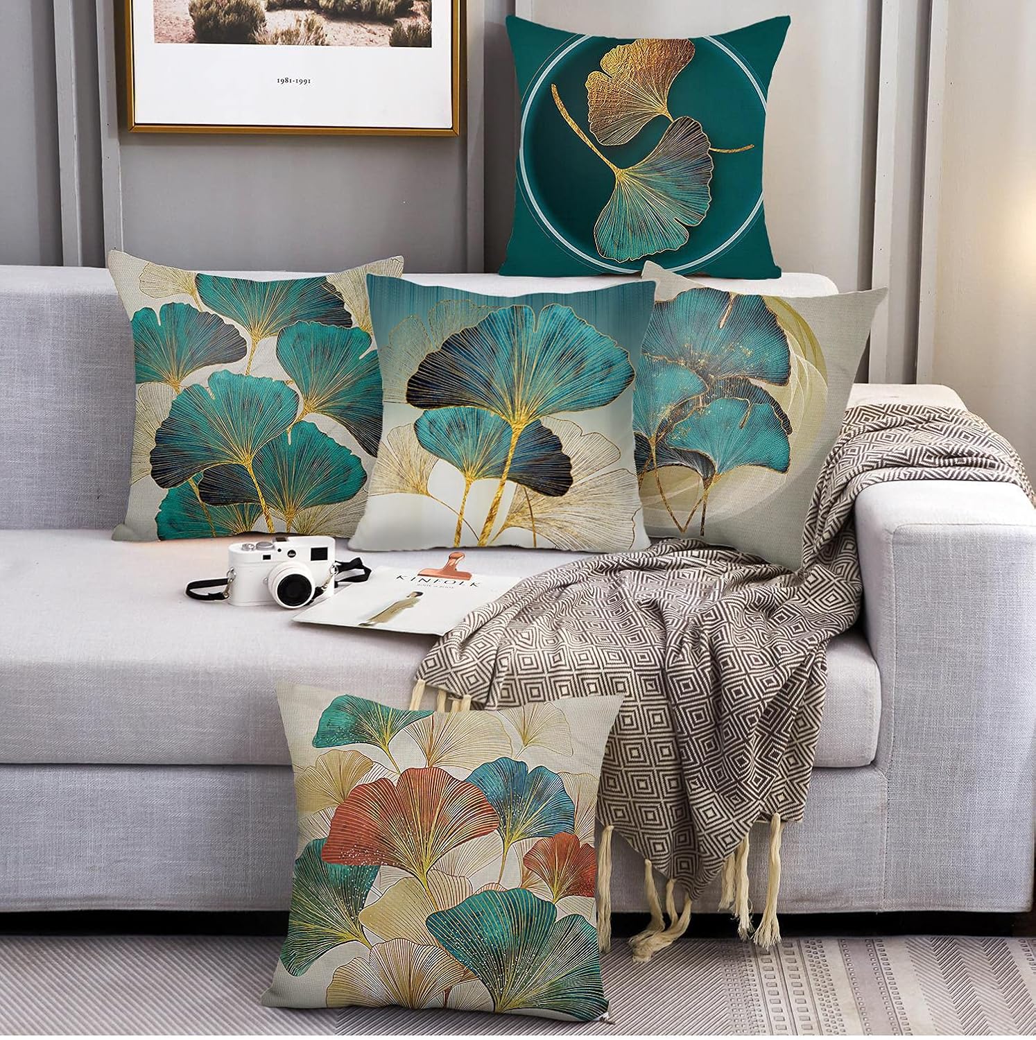 Throw Pillow Cover Green Plant Leaves - 18 x 18 Inch Teal Pillow Cushion Cover - Set of 2 Turquoise Ginkgo Leaf Cushion Case, Great for Sofa, Bedroom, Yard, Living Room Decor Teal and Gold 18 x 18-Inch