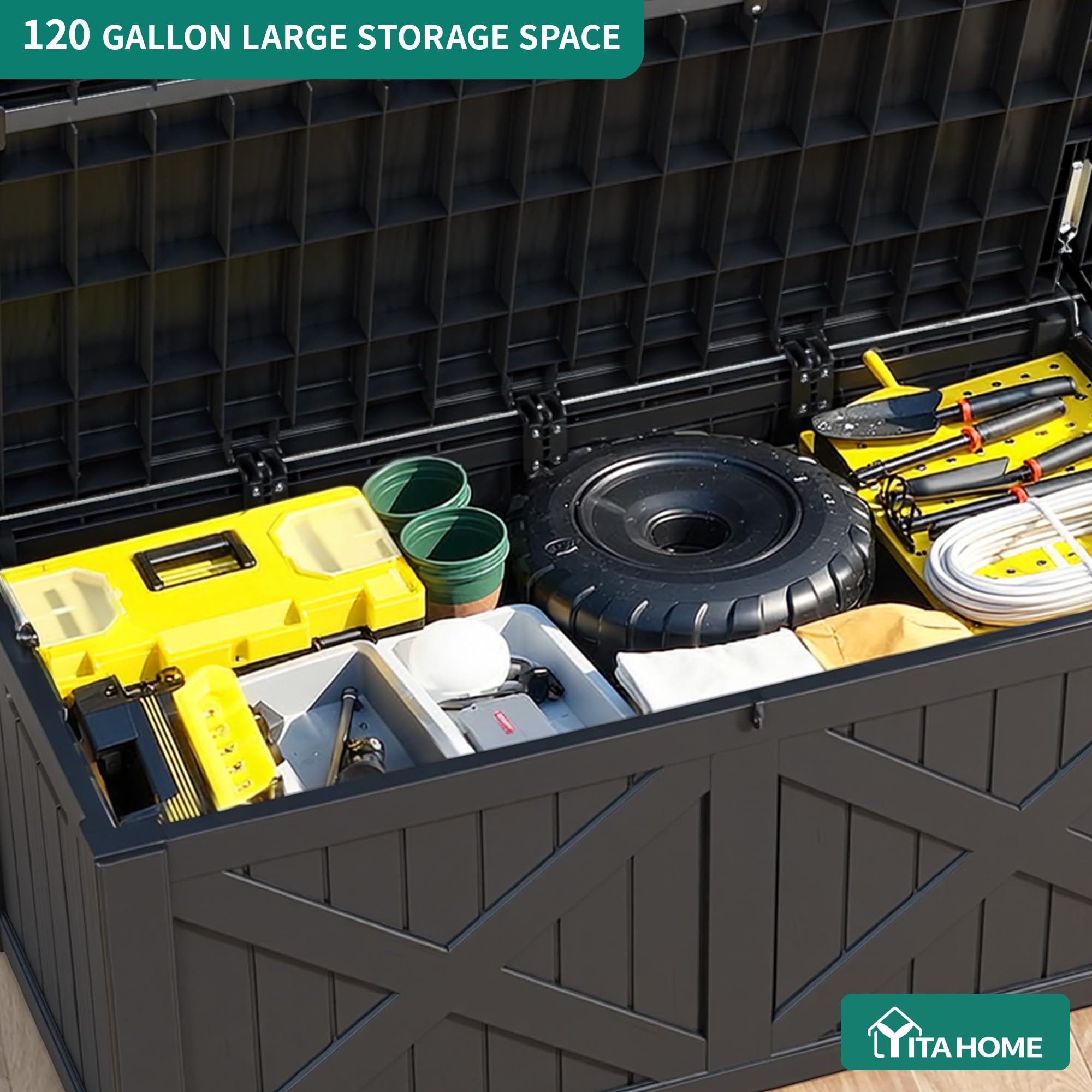 YITAHOME Große Aufbewahrungsbank 450 Liter mit X-Front, Wetterfeste Outdoor-Sitzbank, Resin Gartenbox für Terrassenkissen, Poolzubehör, Gartengeräte - Abschließbar,Schwarz
