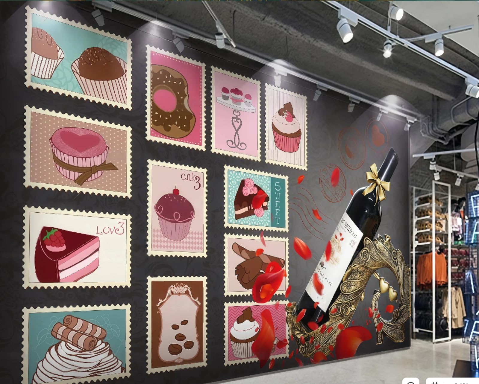 XDOUBAO Wallpaper Fashion Hand-Painted Bread Pastry Room Theme Bar Afternoon Tea Western Restaurant Background Wall Wallpaper Coffee Shop Mural,3D,300x210cm
