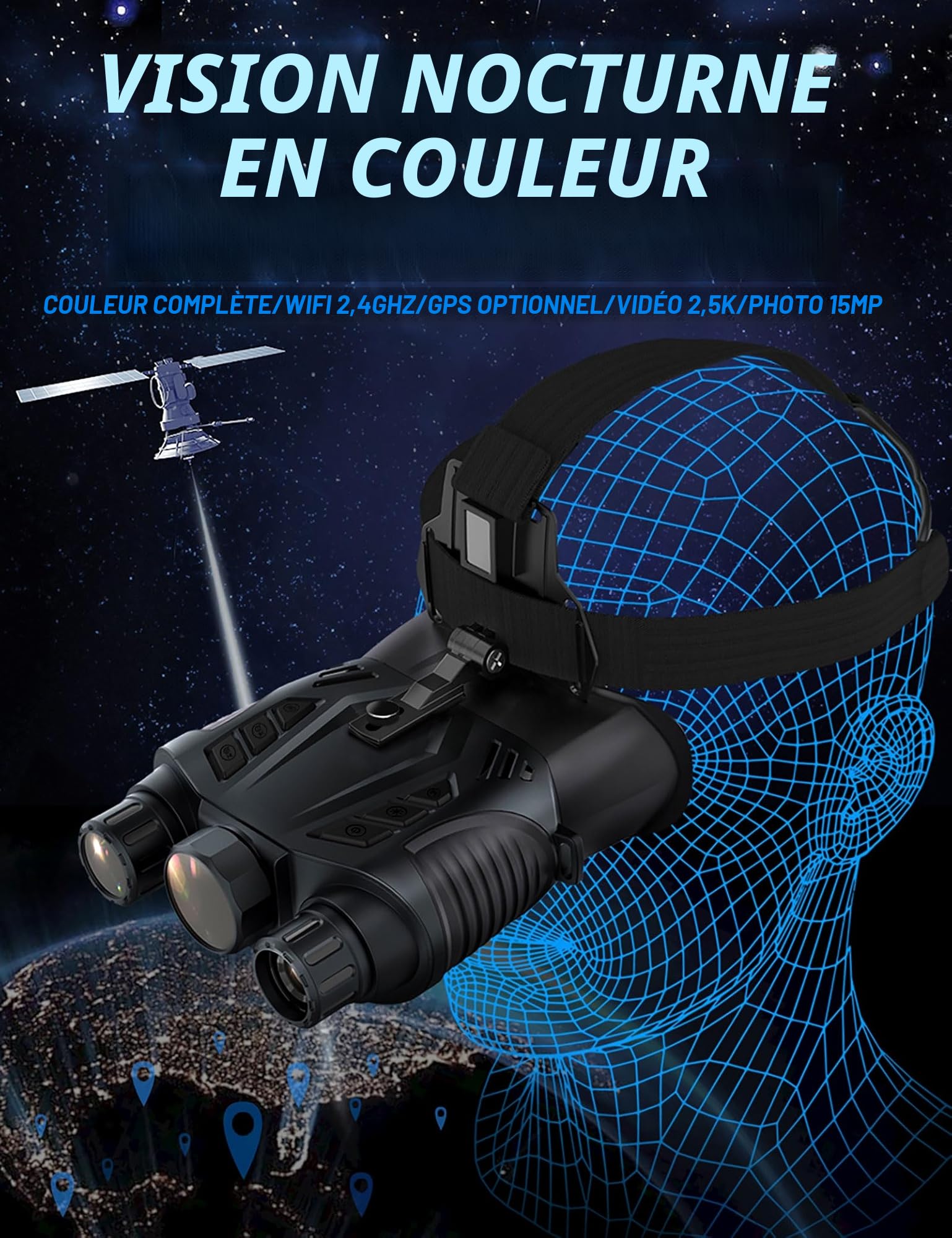 Lunettes de Vision Nocturne Montées sur la tête, Jumelles Vision Nocturne 2,5K en Couleur pour Adultes, Enregistrement Photo et Vidéo Activée par Application Fonction GPS, Zoom Numérique 8X