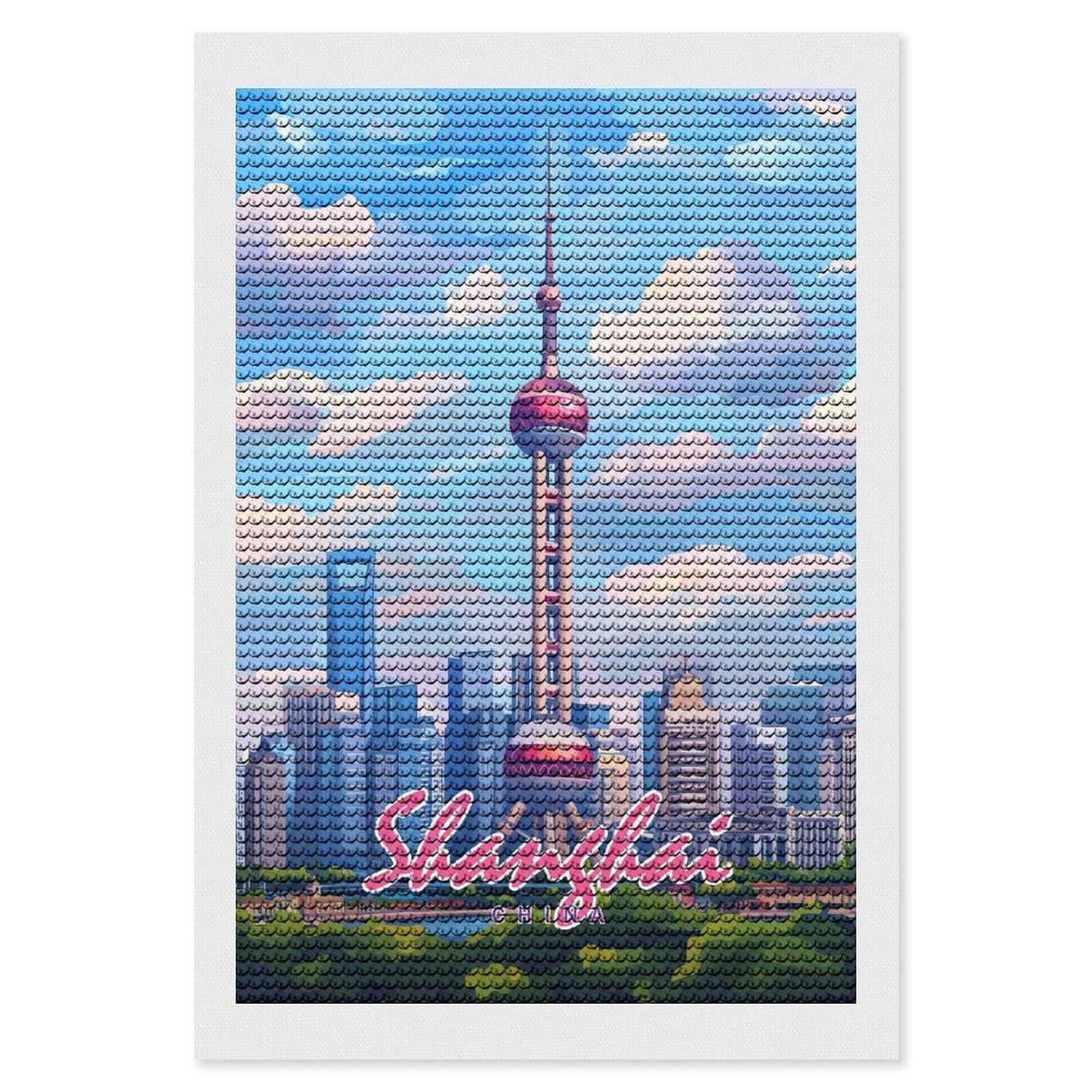 Junmoney Shanghai Skyline Diamond Art Kit 8"x12", Vintage Style Decor, Stress Relief Craft, Decor Project, Relaxing DIY, Creative Hobby