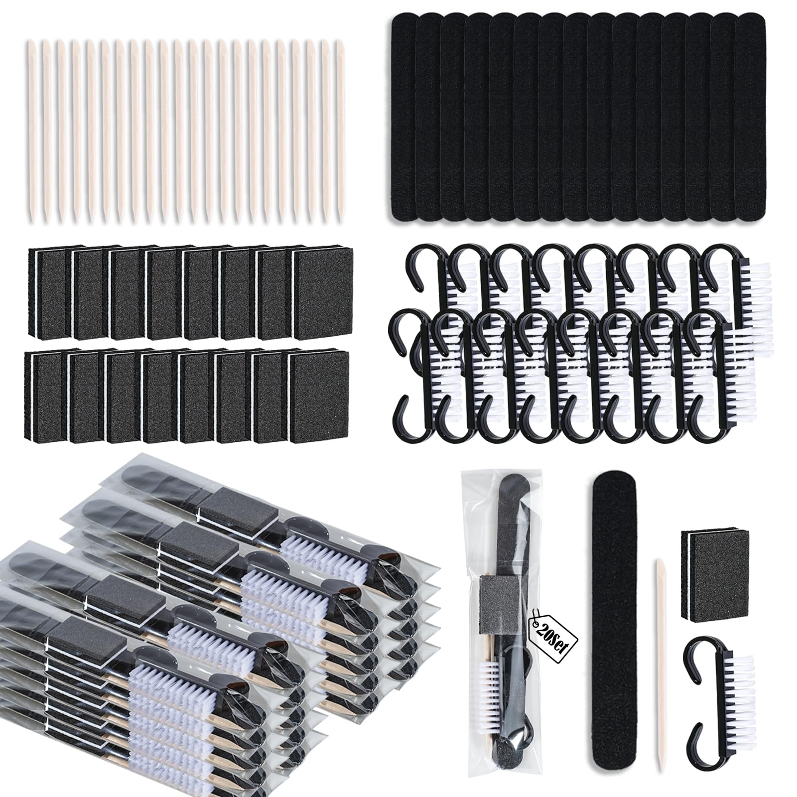 20 Sets Disposable Manicure Kit Basics 4 Piece Nail Kit for Travel,Handle Grip Brush,Mini Nail Buffer Nail File and Wood Stick for Gifts Salon Home Professional(20 Set-Black)