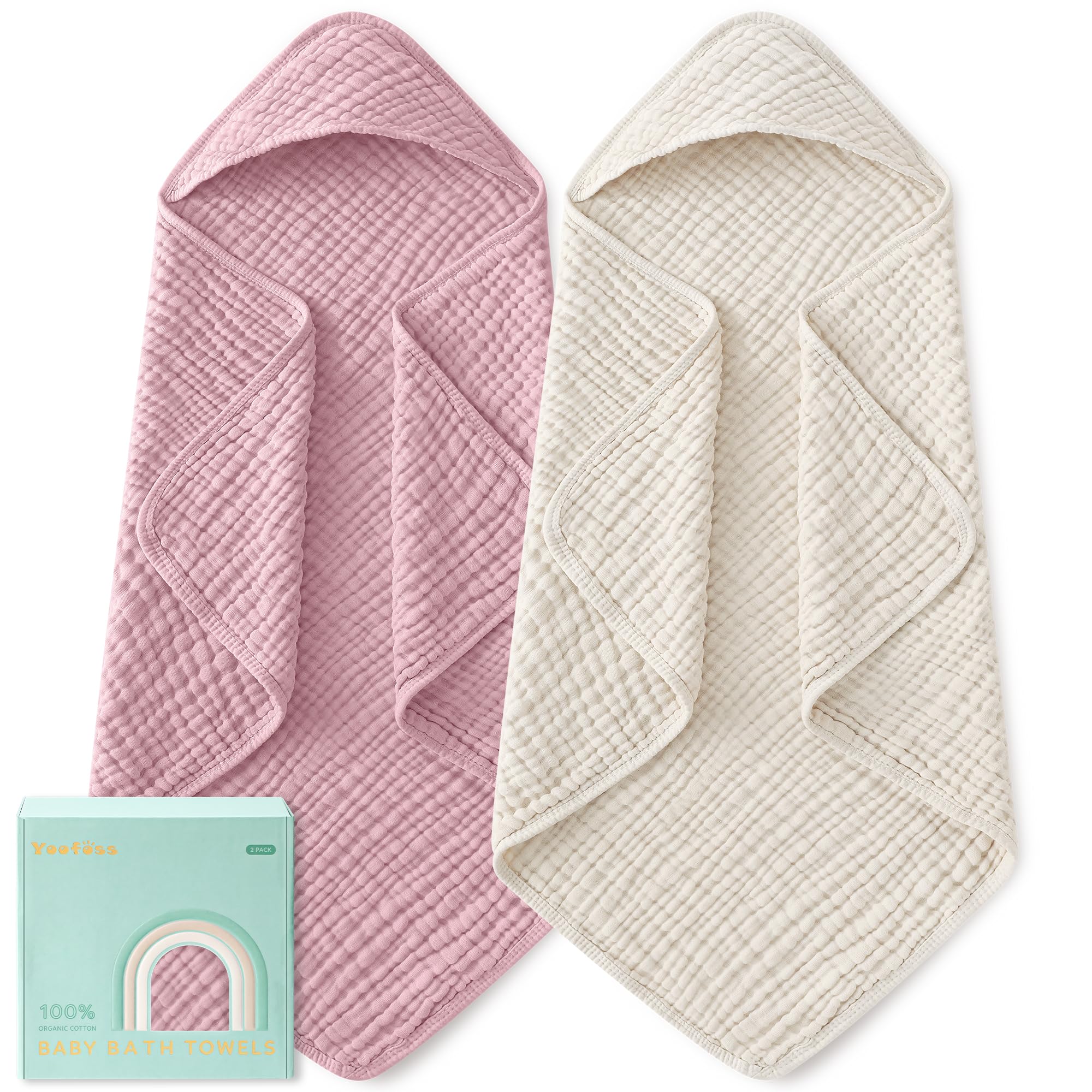 Yoofoss Hooded Baby Towels for Newborn 2 Pack 100% Muslin Organic Cotton Baby Bath Towel with Hood for Babies, Infant, Toddler and Kids, Large 32x32Inch, Soft and Absorbent Newborn Essential Apricot&pink 32 x 32 Inch