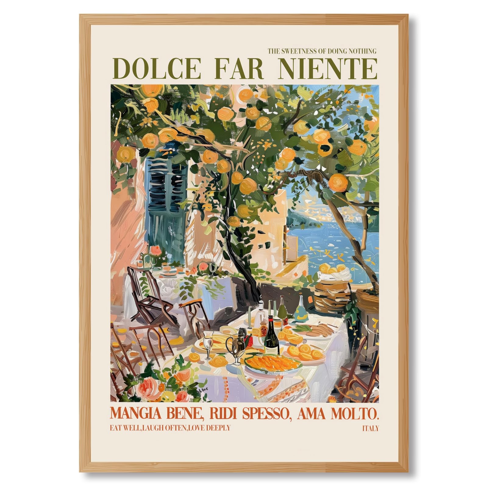 Vintage Italy Canvas Wall Art Dolce Far Niente Quote Lemon Tree Patio Poster Trendy Travel Wall Decor Amalfi Coast Print Rustic Italian Food Painting For Dining Room Kitchen 8x12inch Wood Frame