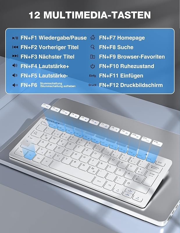 TECKNET Vezeték Nélküli Billentyűzet-Egér Szett, Német QWERTZ Kiosztás, 15m Hatótáv, Csendes Gombokkal, PC/Laptop/Smart TV Kompatibilis, Feh