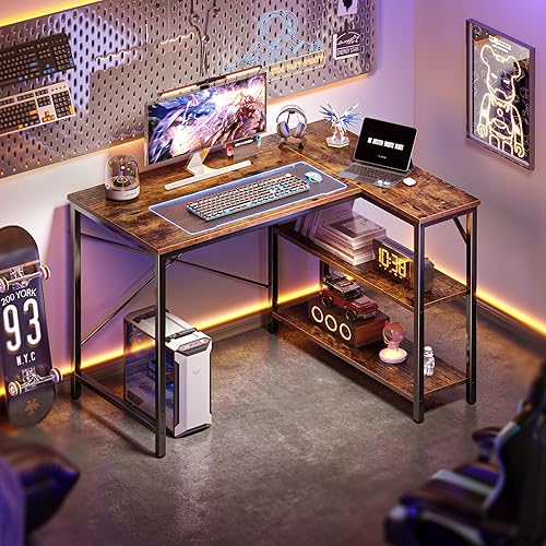 Miniatura 70 de Huuger Escritorio en forma de L, escritorio para computadora de 55 pulgadas con estantes de almacenamiento reversibles, para esquina