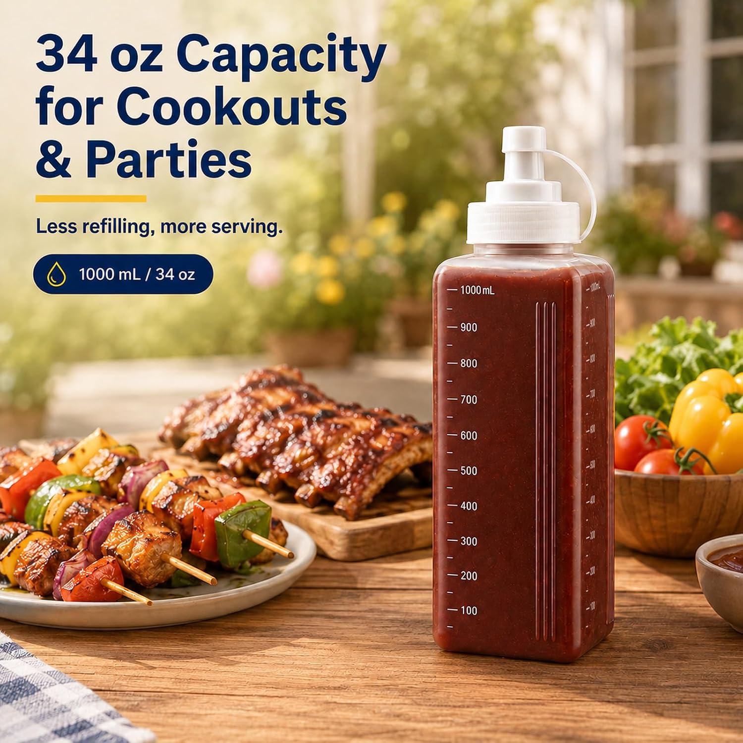 2 Pack 34 Oz Condiment Squeeze Bottles for Sauce, 0.63" Wide Mouth