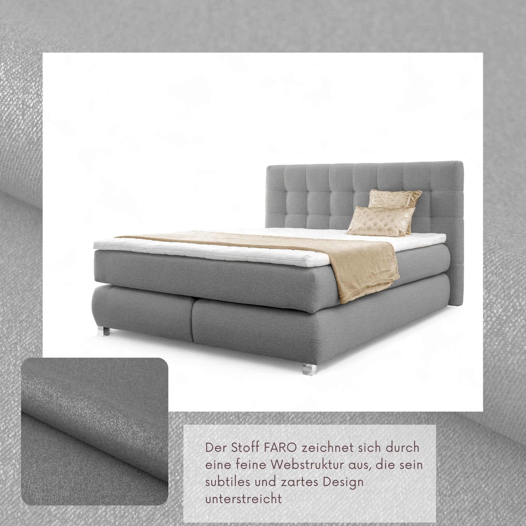 FURNISTAR Echtes Boxspringbett Blake mit Pocketmatratze und Bonellmatratze Familienbett mit Topper und Taschenmatratze Bett mit 2 Matratzen Polsterbett Schlafzimmer (180x200, Grau)
