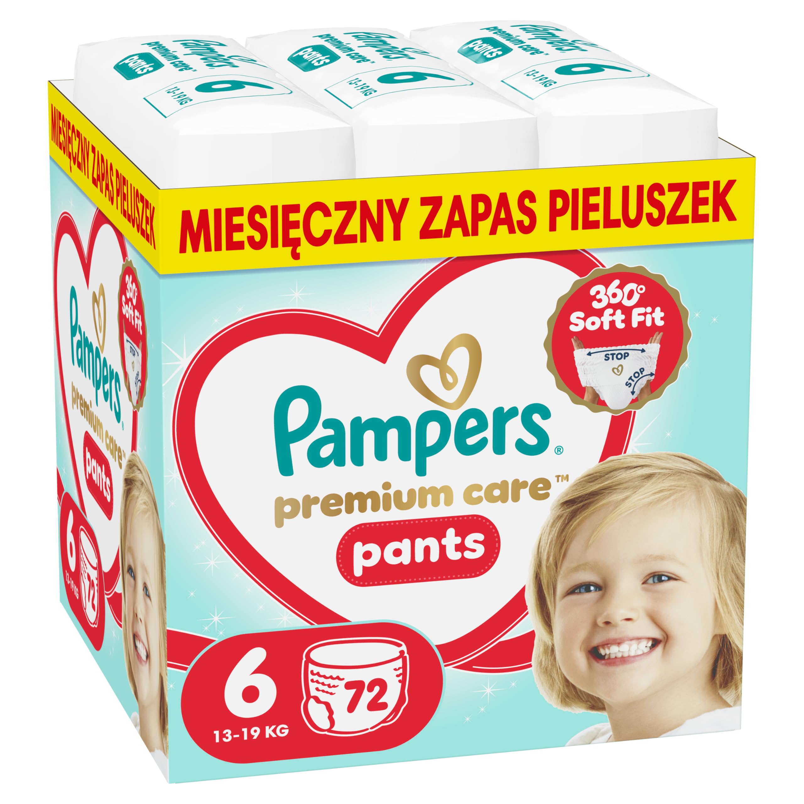 Pampers Premium Care Pieluchomajtki Rozmiar 6, 72 szt., 13kg-19kg, pełne dopasowanie 360° i miękkie osłonki wokół nogawek zapewniają największy komfort i najlepszą ochronę