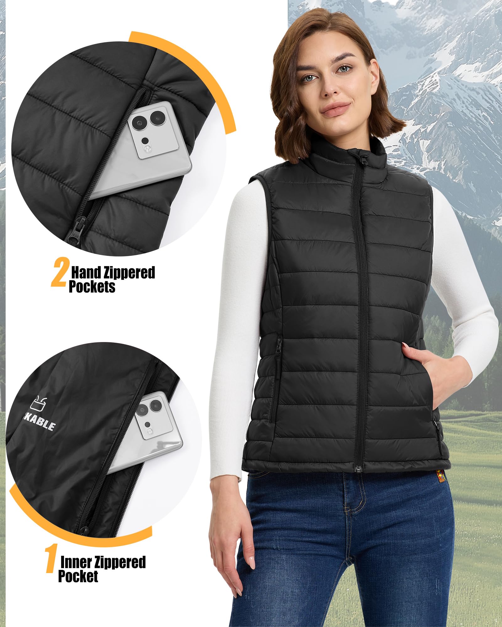 Outdoor Ventures Chaleco acolchado para mujer, chaleco de entretiempo plegable, chaleco deportivo híbrido con forro para mujer, cálido, chaleco de ciclismo con cuello alto para senderismo, camping