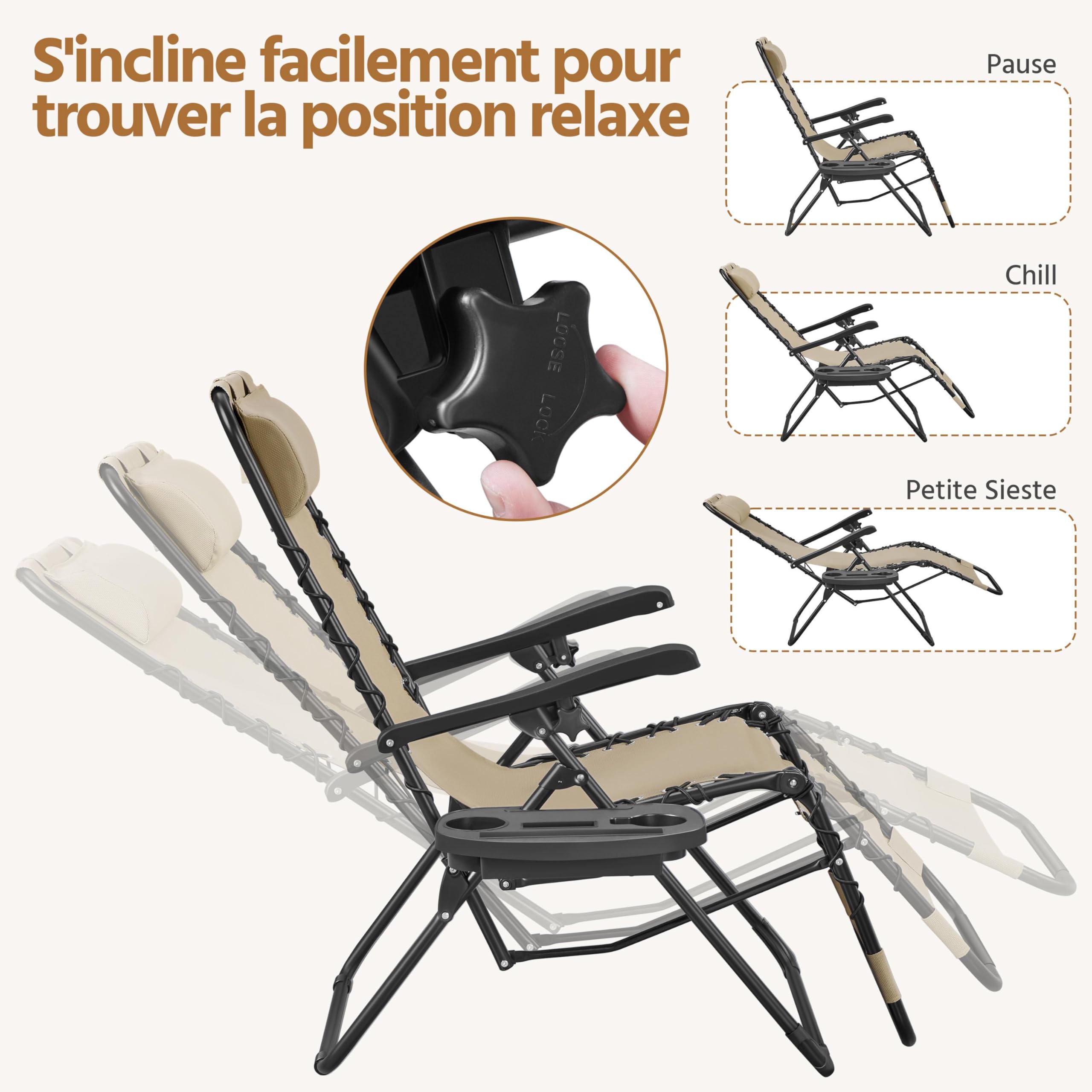 Abician Lot de 2 Chaise Longue Pliable et inclinable, avec Table Pliable Support de Gobelet, Fauteuil Relax Jardin de gravité zéro transat Bain de Soleil, avec Rembourrage de Tête Beige